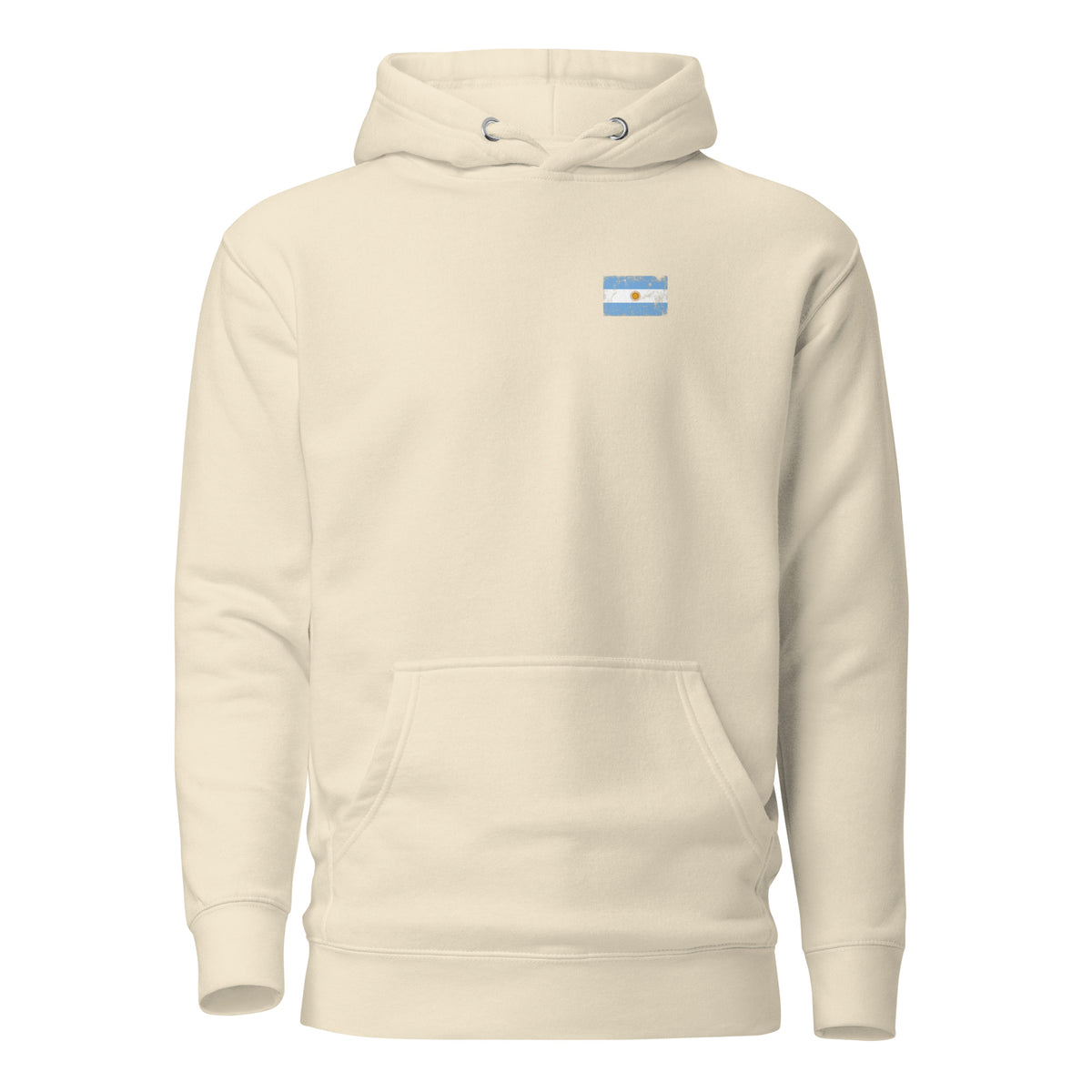 Argentina flag hoodie in Bone, vintage-washed print, small flag on the left chest, unisex cut, front view
