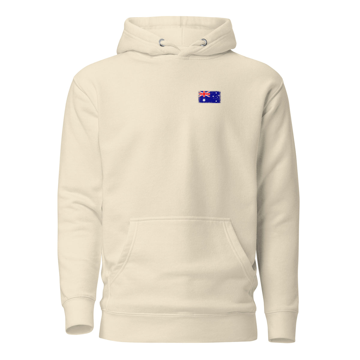 Australia flag hoodie in Bone, vintage-washed print, small flag on the left chest, unisex cut, front view