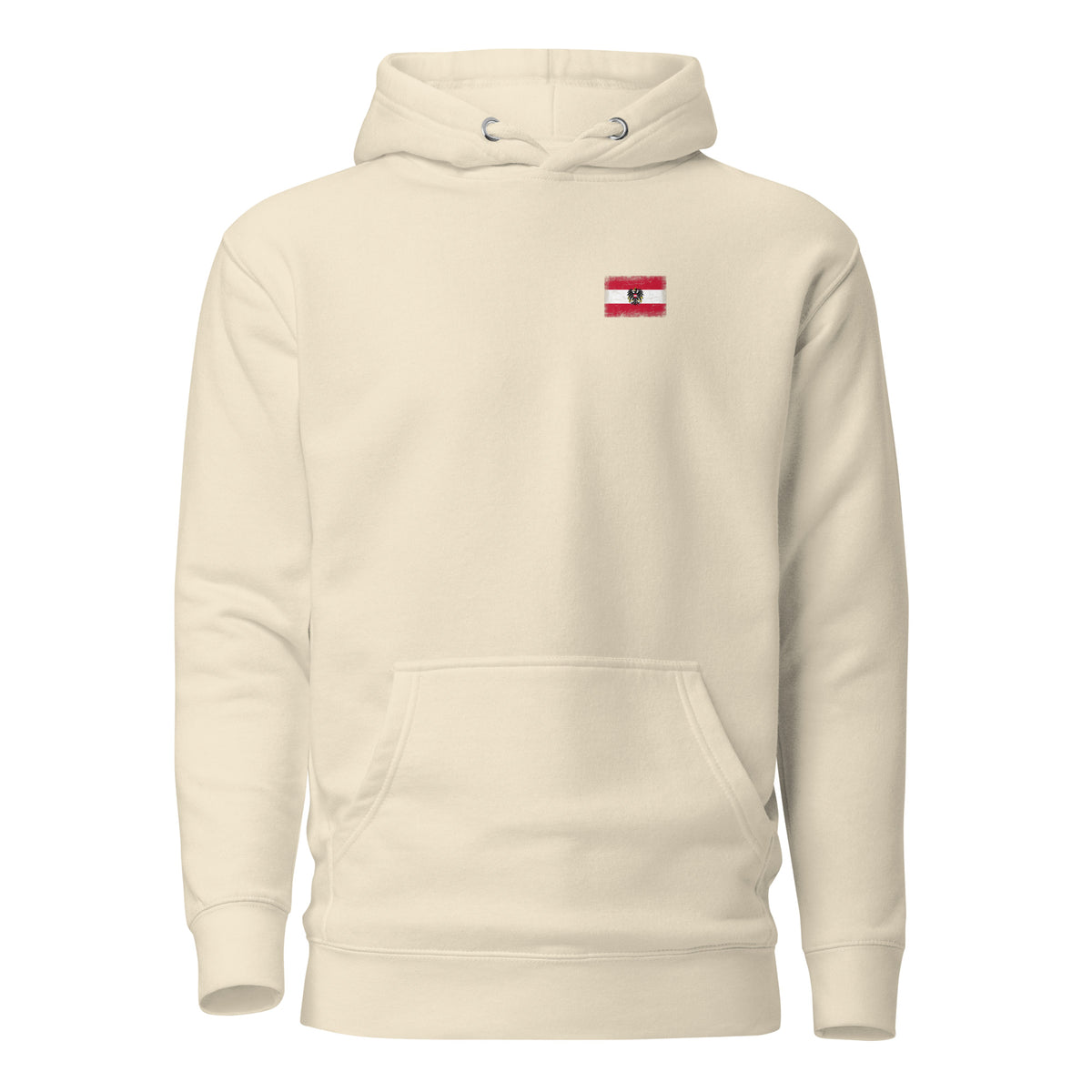 Austria flag hoodie in Bone, vintage-washed print, small flag on the left chest, unisex cut, front view