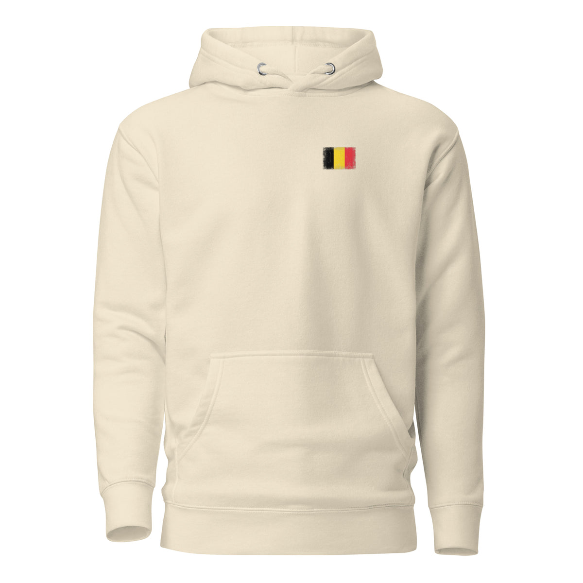 Belgium flag hoodie in Bone, vintage-washed print, small flag on the left chest, unisex cut, front view