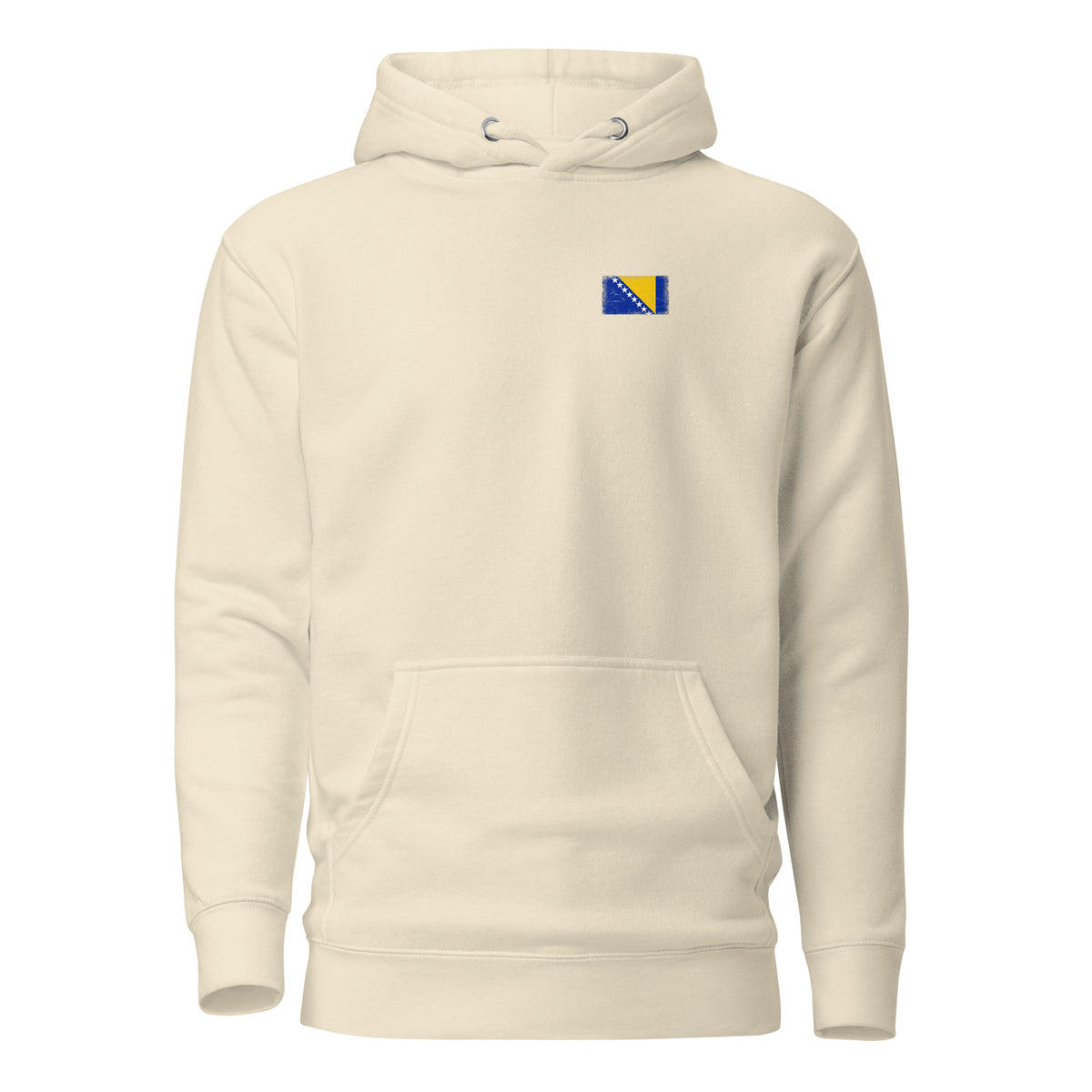 Bosnia and Herzegovina flag hoodie in Bone, vintage-washed print, small flag on the left chest, unisex cut, front view