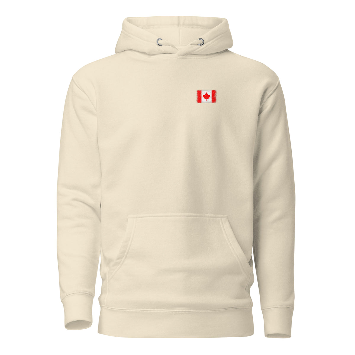 Canada flag hoodie in Bone, vintage-washed print, small flag on the left chest, unisex cut, front view