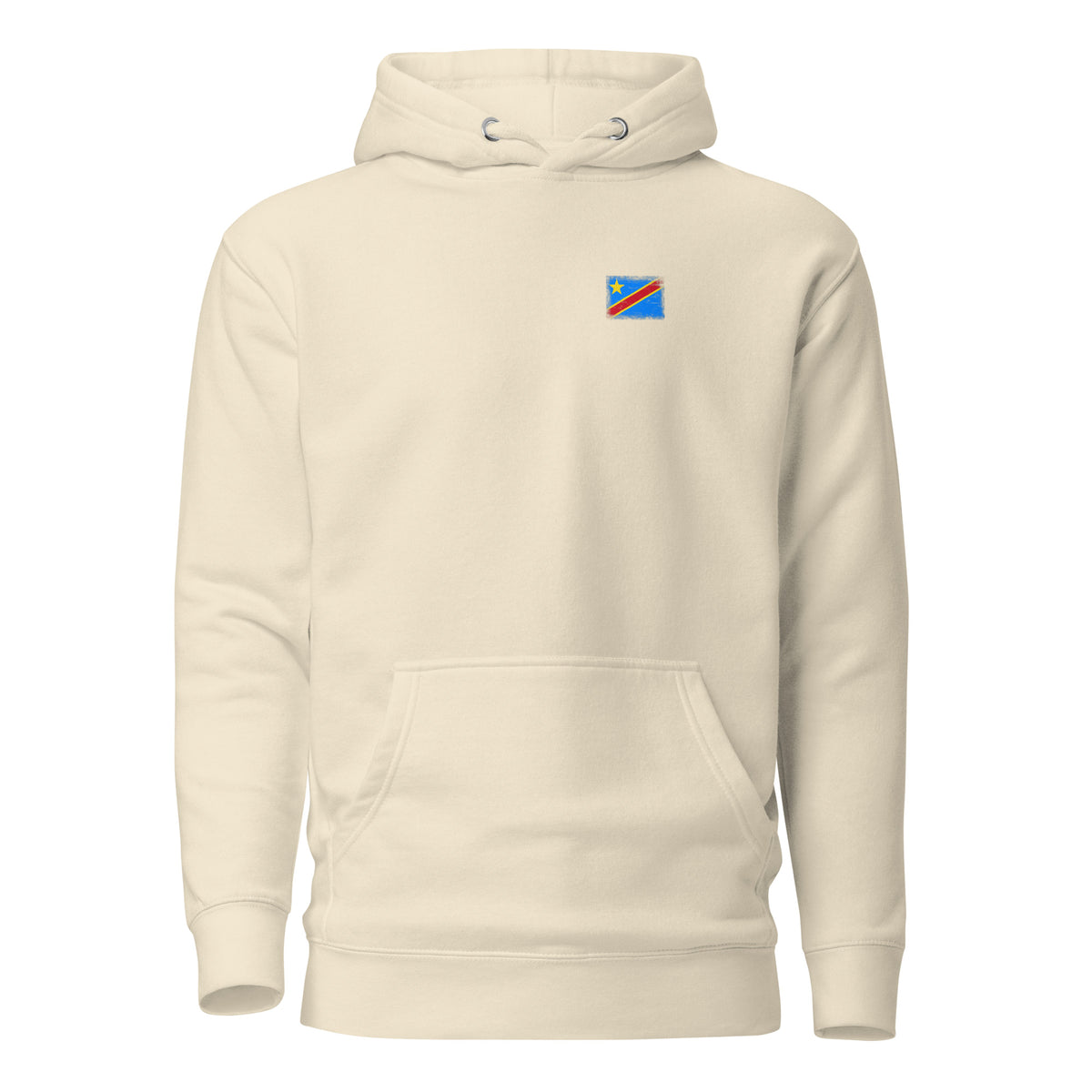Congo flag hoodie in Bone, vintage-washed print, small flag on the left chest, unisex cut, front view
