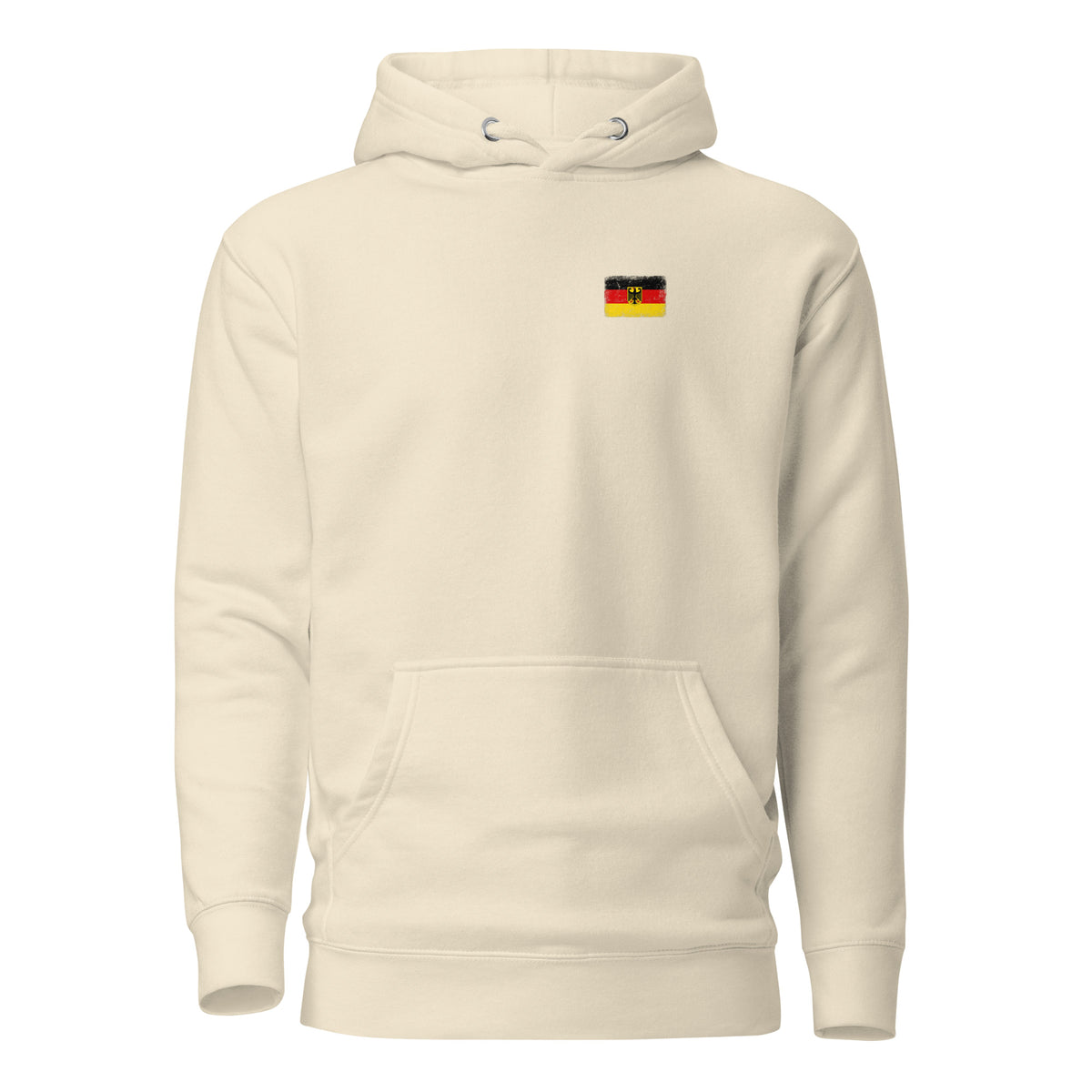 Germany flag hoodie in Bone, vintage-washed print, small flag on the left chest, unisex cut, front view