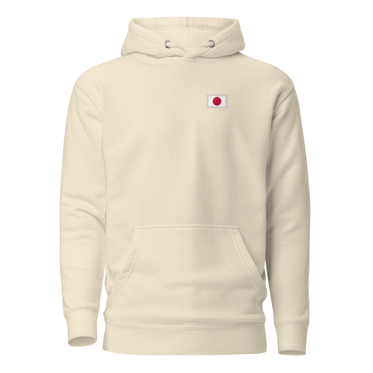 Japan flag hoodie in Bone, vintage-washed print, small flag on the left chest, unisex cut, front view