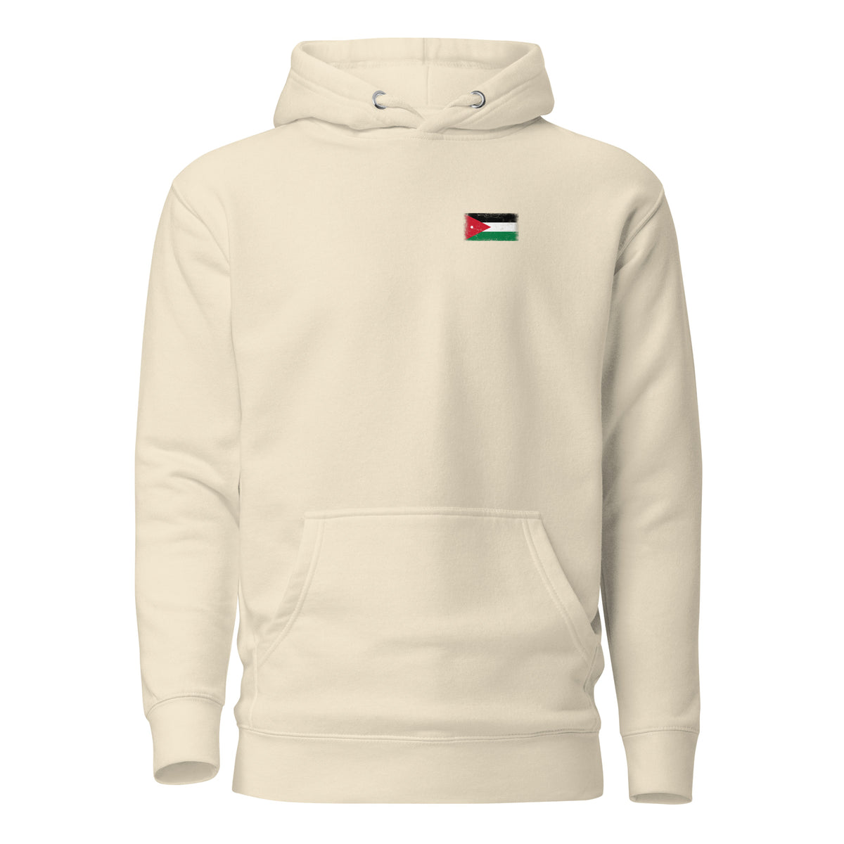 Jordan flag hoodie in Bone, vintage-washed print, small flag on the left chest, unisex cut, front view