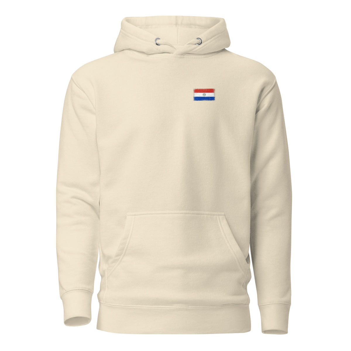 Paraguay flag hoodie in Bone, vintage-washed print, small flag on the left chest, unisex cut, front view