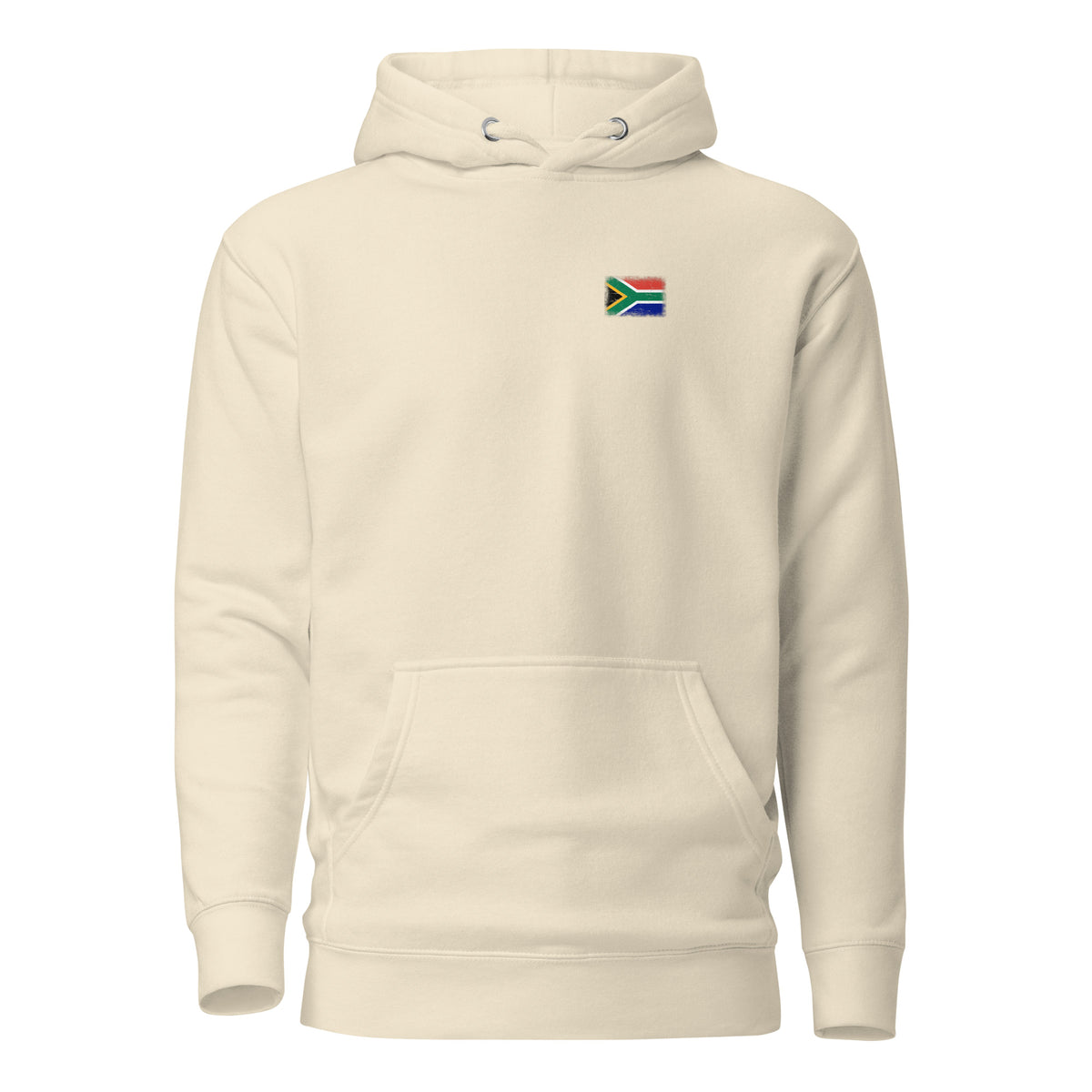 South Africa flag hoodie in Bone, vintage-washed print, small flag on the left chest, unisex cut, front view