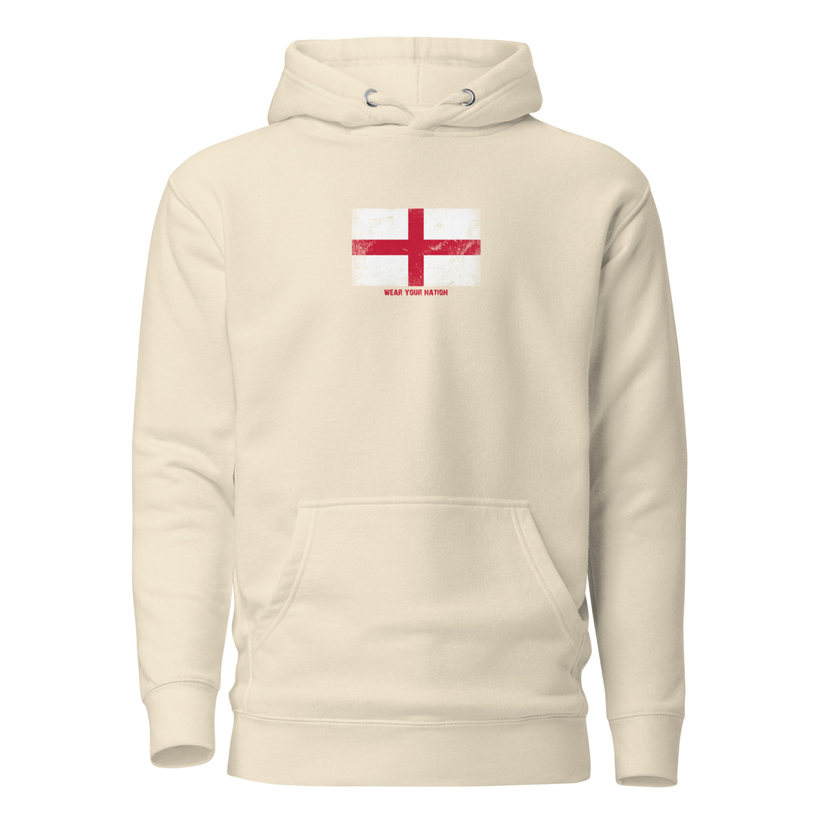 England flag hoodie in Bone, vintage-washed print, flag on the chest, unisex cut, front view