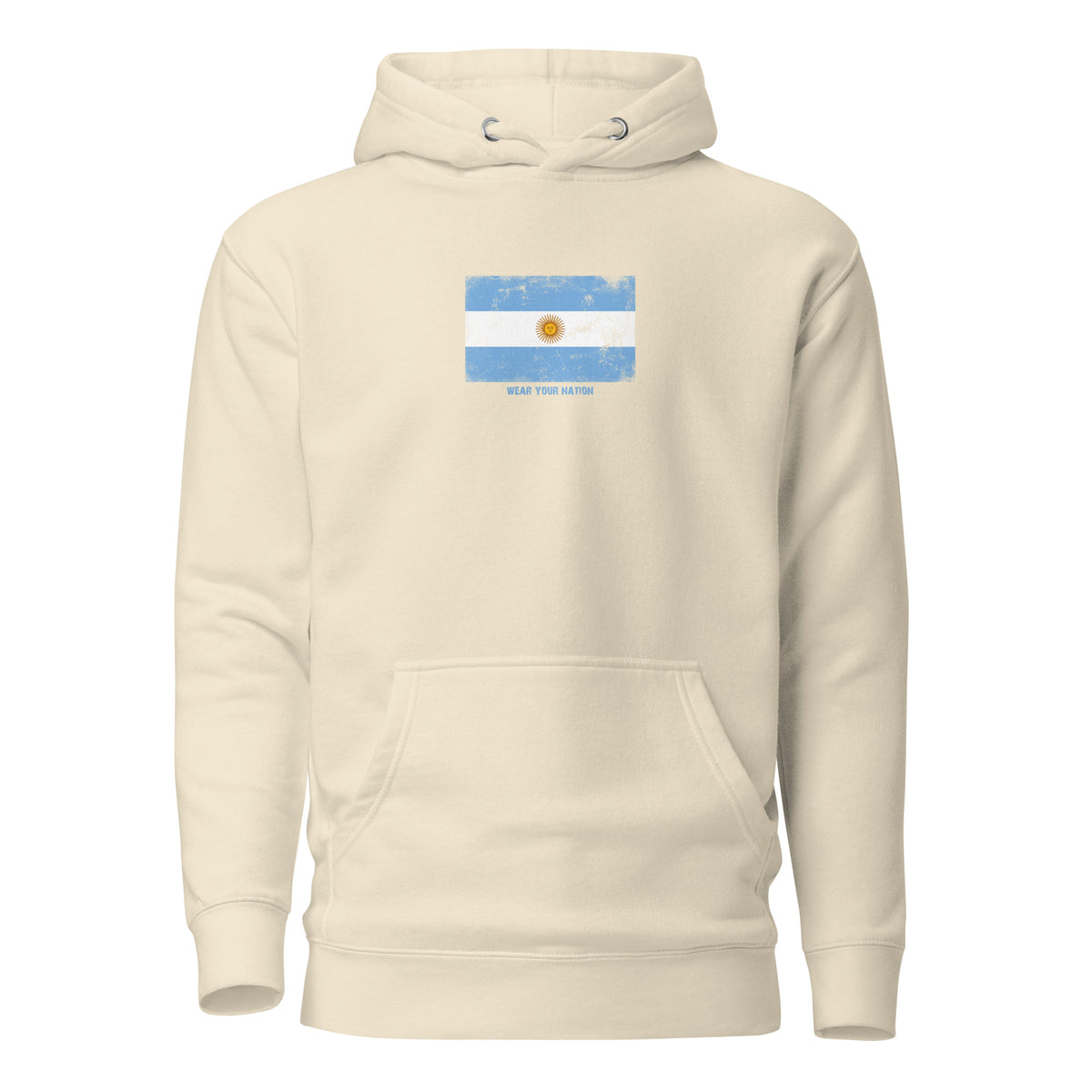 Argentina flag hoodie in Bone, vintage-washed print, flag on the chest, unisex cut, front view