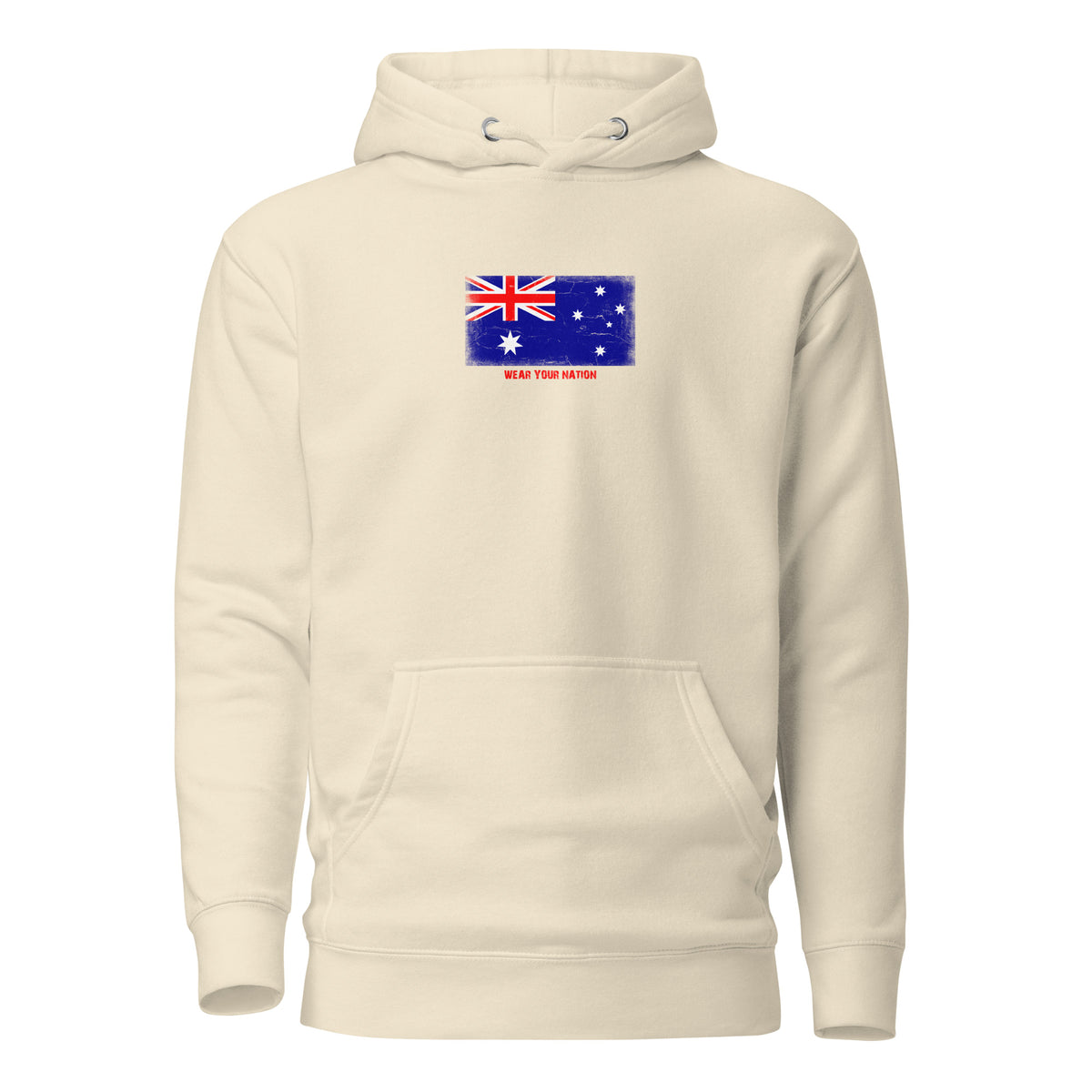 Australia flag hoodie in Bone, vintage-washed print, flag on the chest, unisex cut, front view