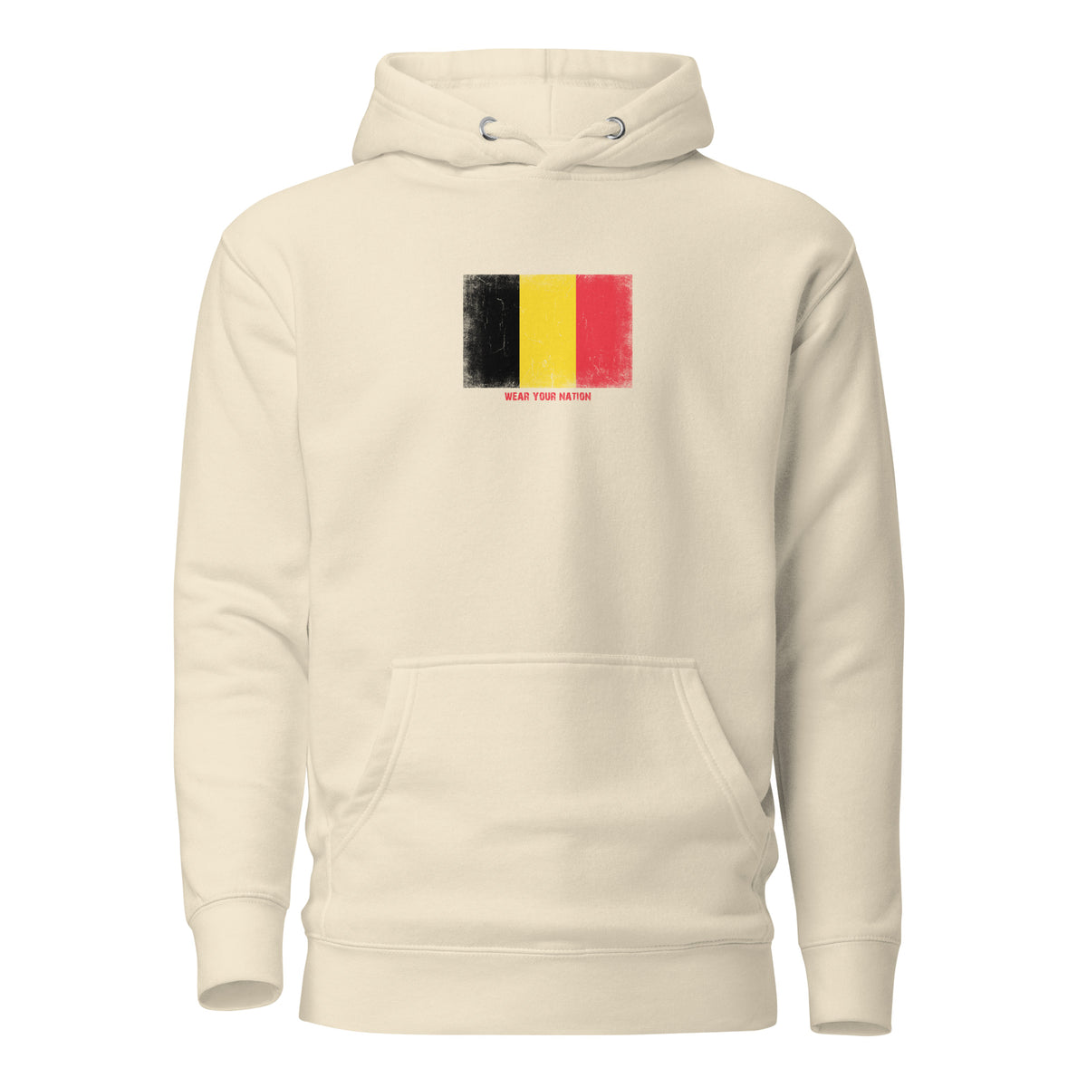 Belgium flag hoodie in Bone, vintage-washed print, flag on the chest, unisex cut, front view