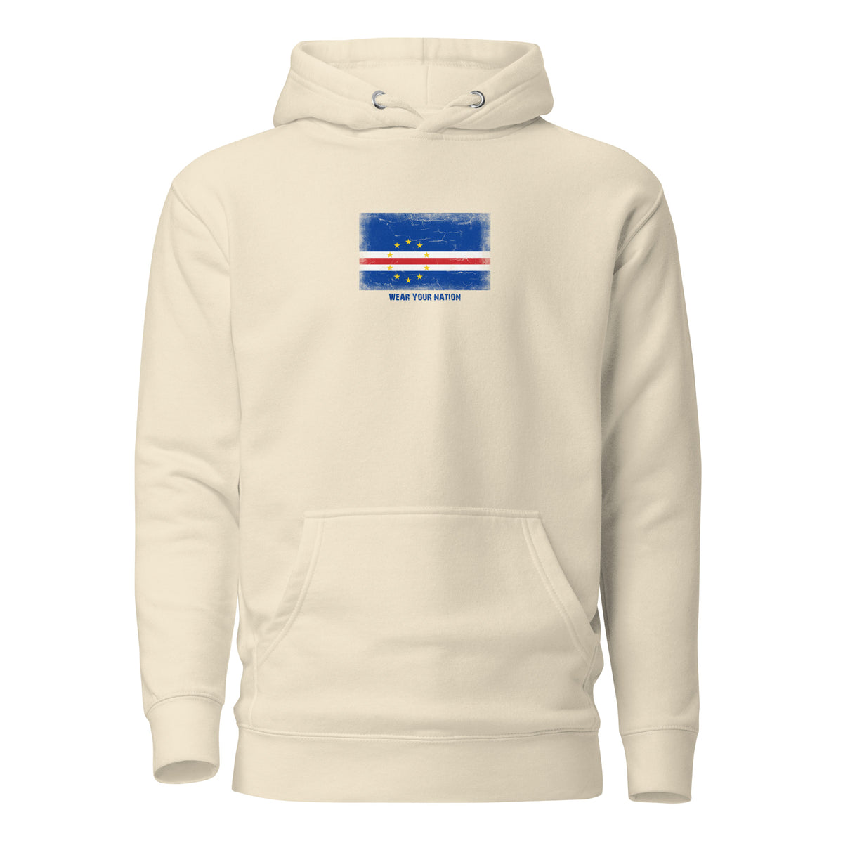 Cape Verde flag hoodie in Bone, vintage-washed print, flag on the chest, unisex cut, front view