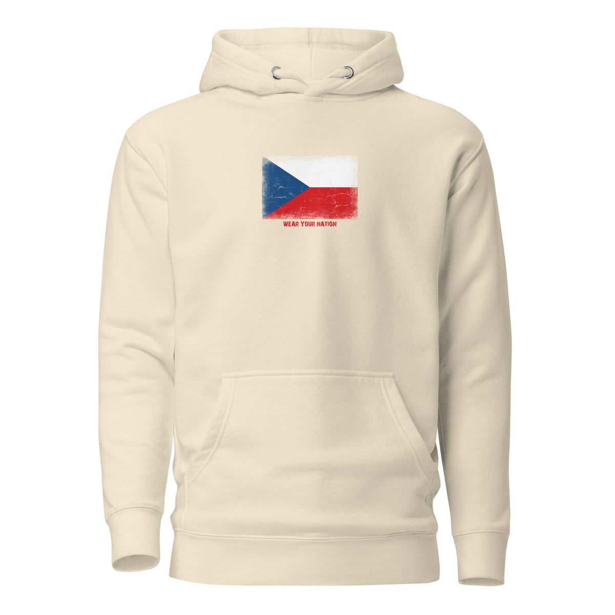 Czechia flag hoodie in Bone, vintage-washed print, flag on the chest, unisex cut, front view