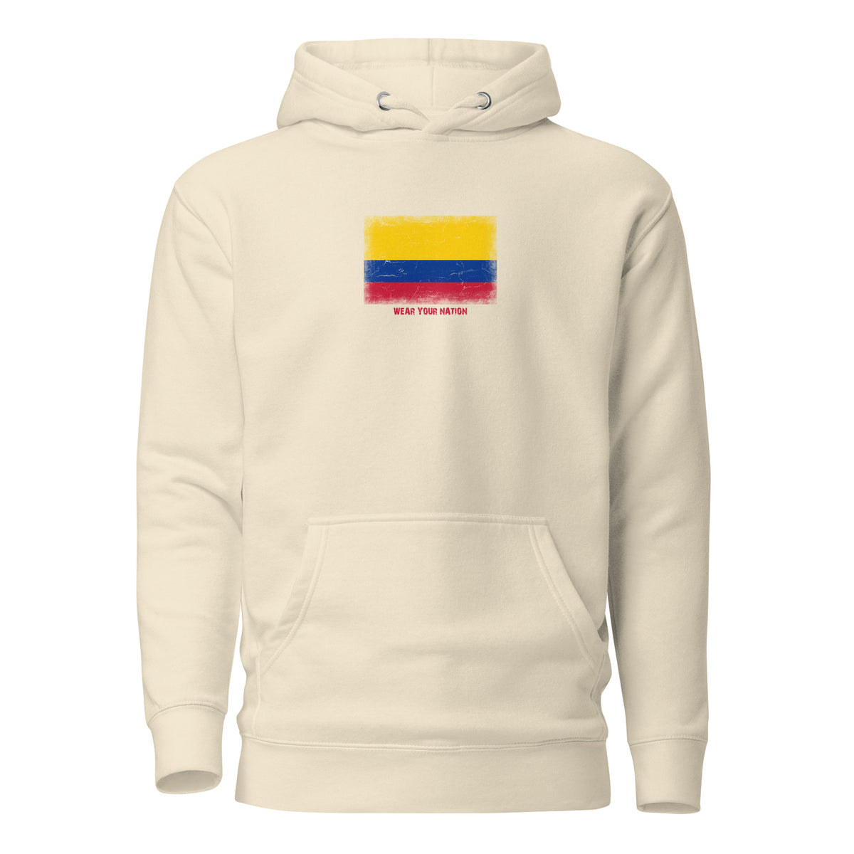 Colombia flag hoodie in Bone, vintage-washed print, flag on the chest, unisex cut, front view