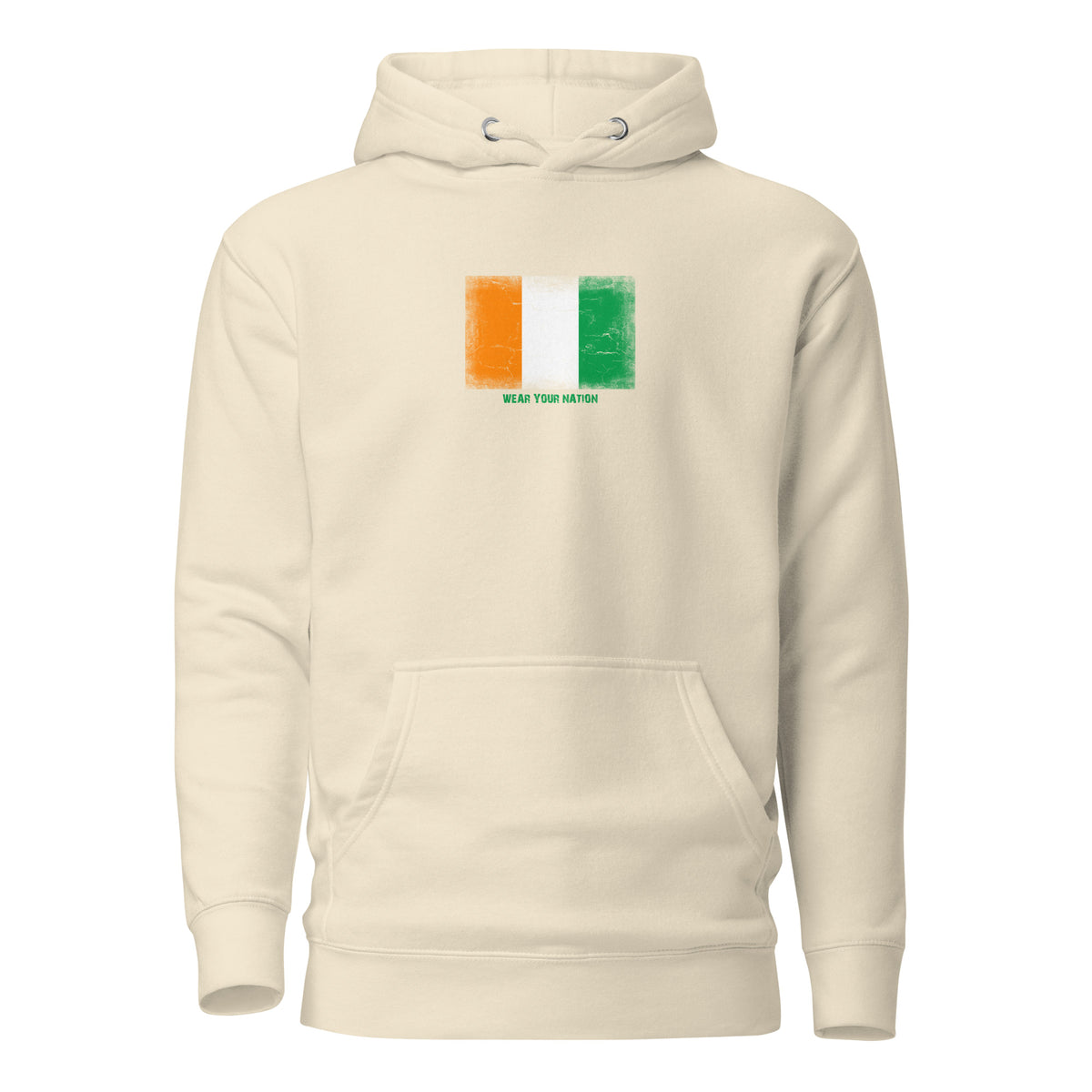 Côte d'Ivoire flag hoodie in Bone, vintage-washed print, flag on the chest, unisex cut, front view