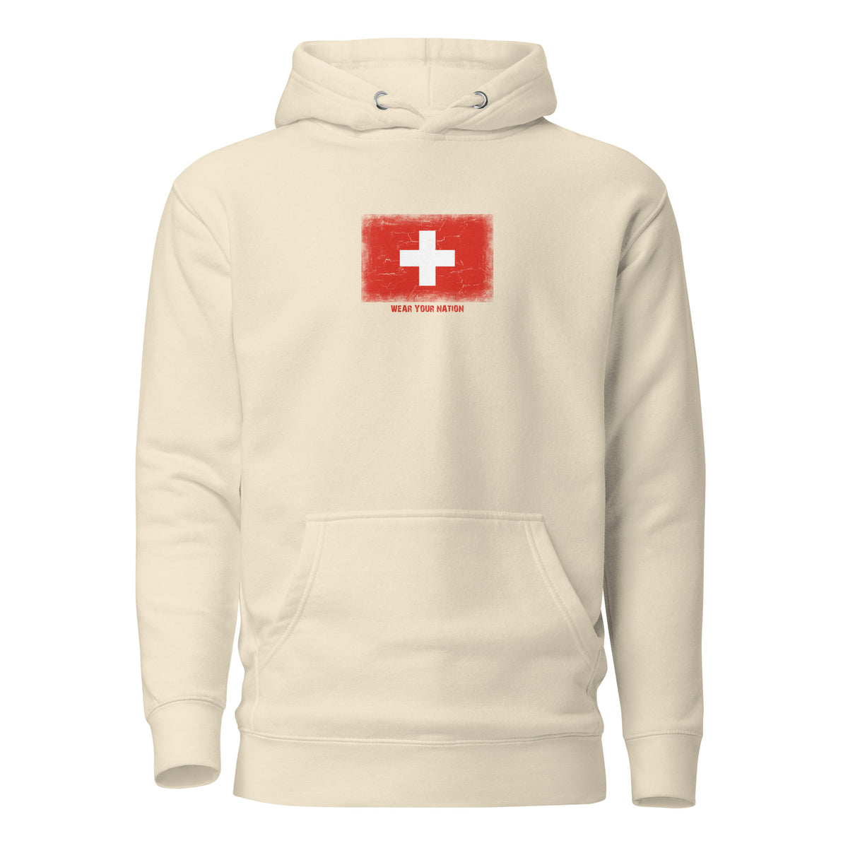 Switzerland flag hoodie in Bone, vintage-washed print, flag on the chest, unisex cut, front view