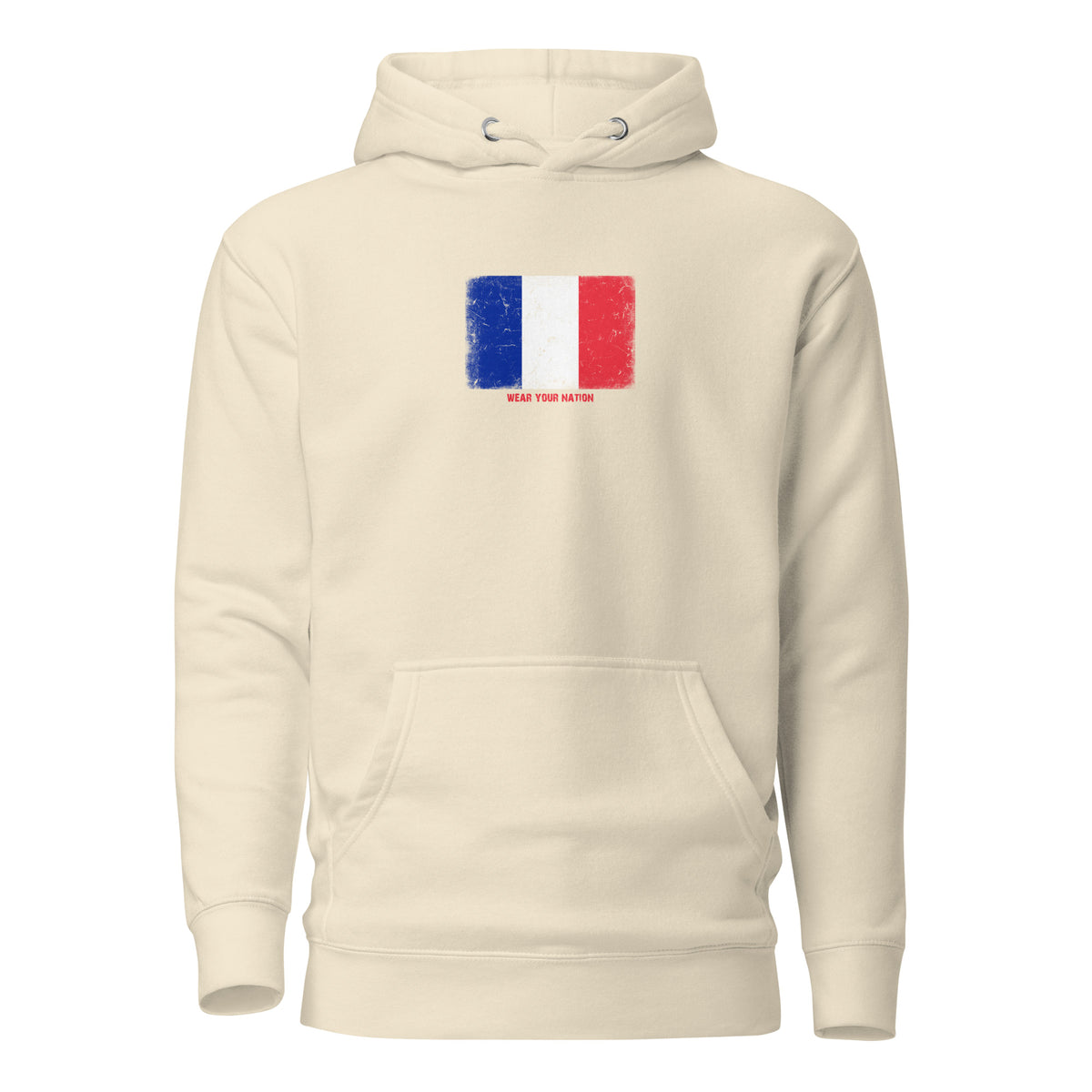 France flag hoodie in Bone, vintage-washed print, flag on the chest, unisex cut, front view