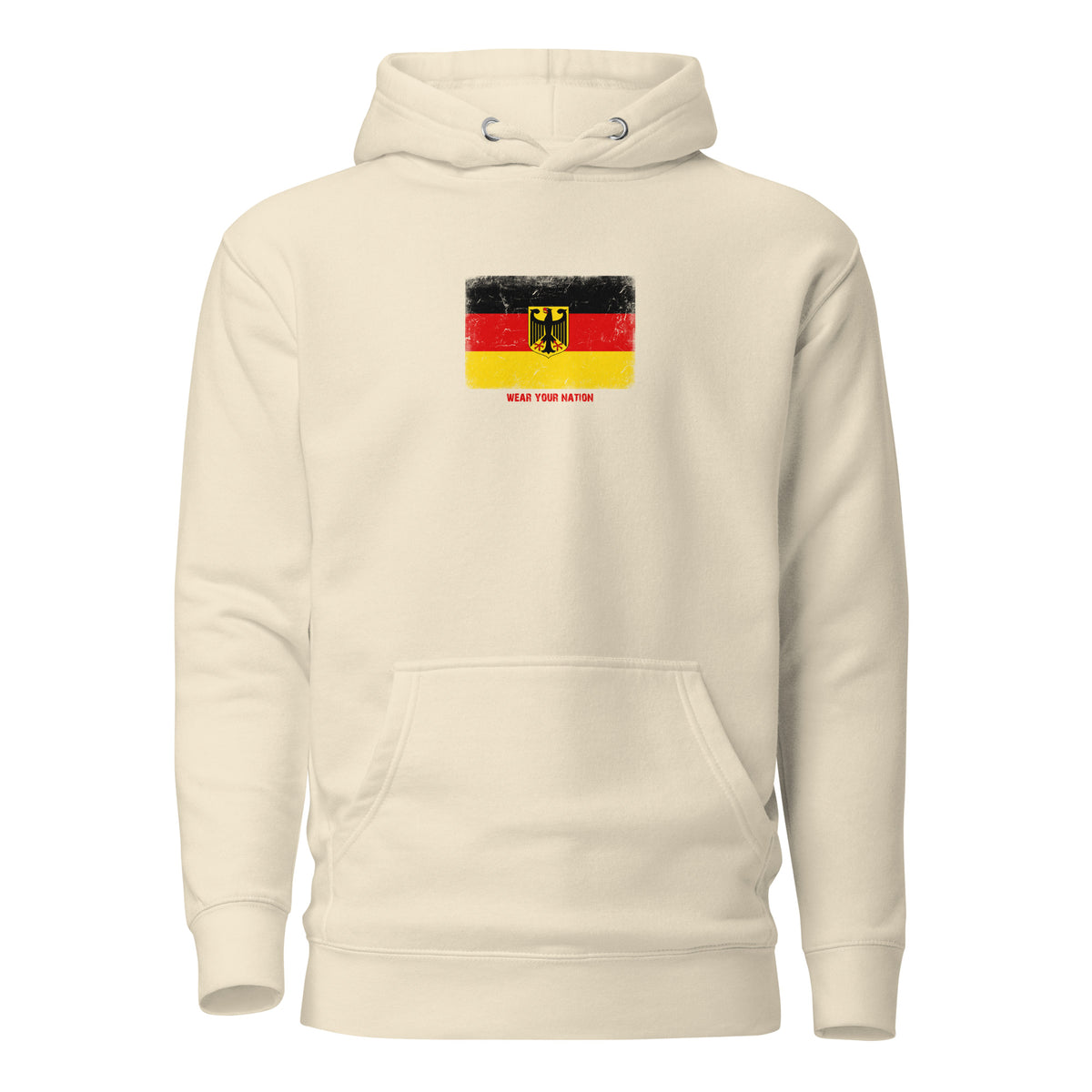 Germany flag hoodie in Bone, vintage-washed print, flag on the chest, unisex cut, front view
