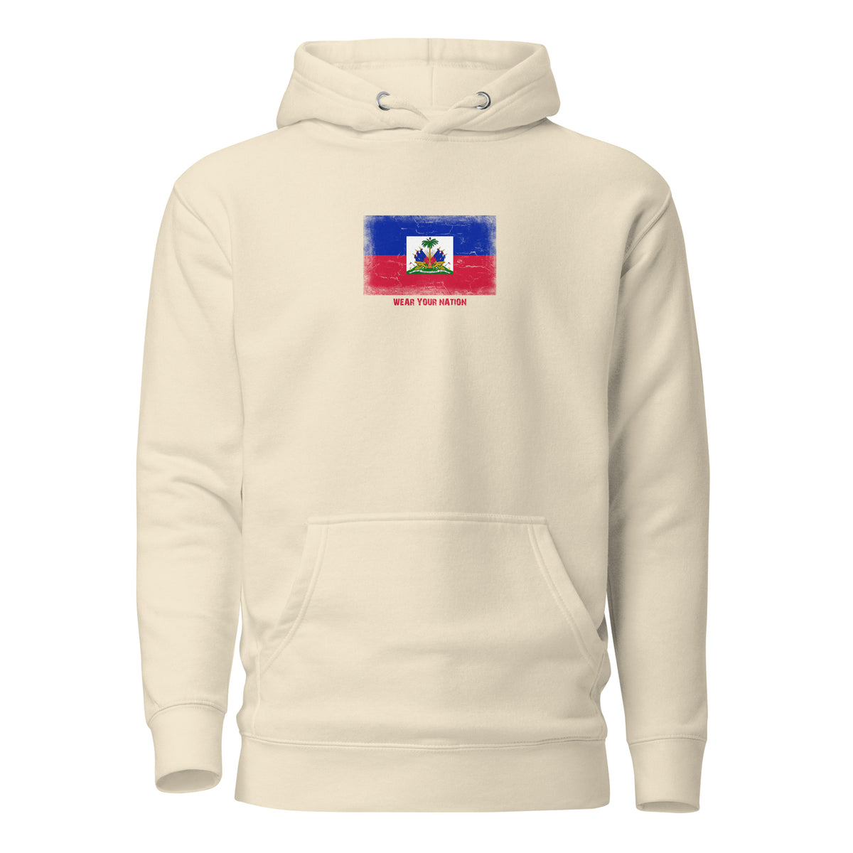 Haiti flag hoodie in Bone, vintage-washed print, flag on the chest, unisex cut, front view