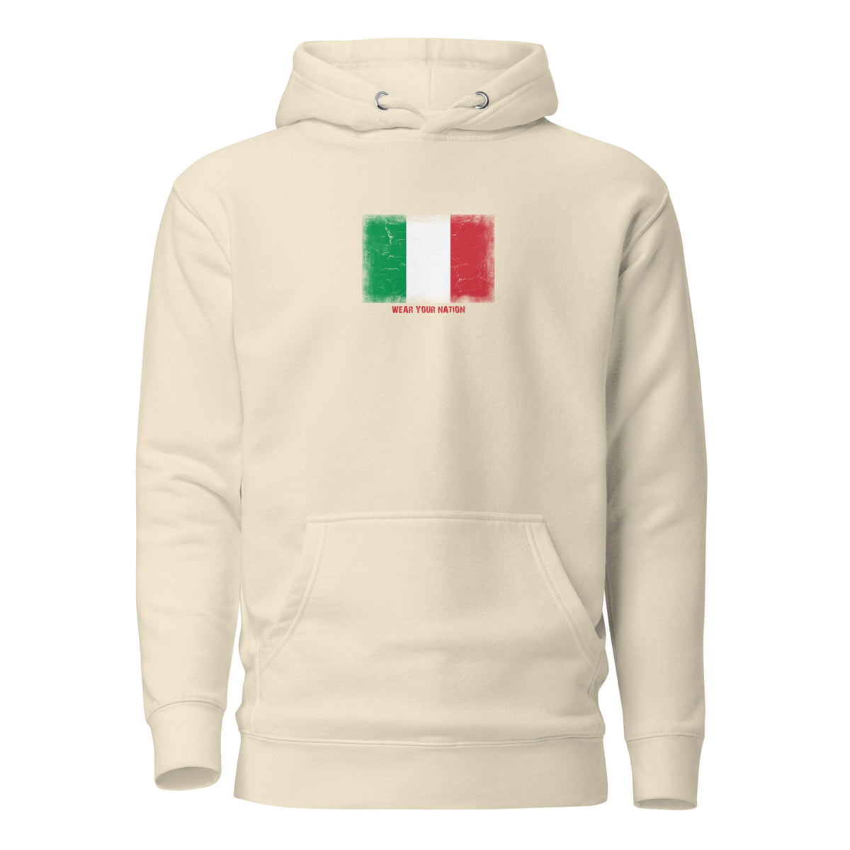 Italy flag hoodie in Bone, vintage-washed print, flag on the chest, unisex cut, front view
