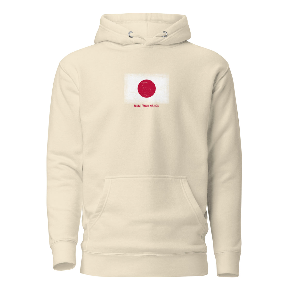 Japan flag hoodie in Bone, vintage-washed print, flag on the chest, unisex cut, front view