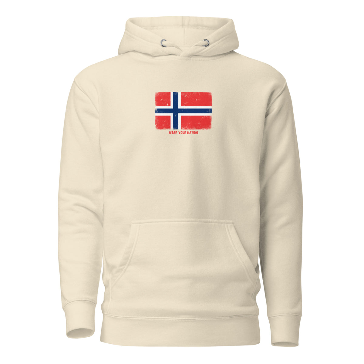 Norway flag hoodie in Bone, vintage-washed print, flag on the chest, unisex cut, front view