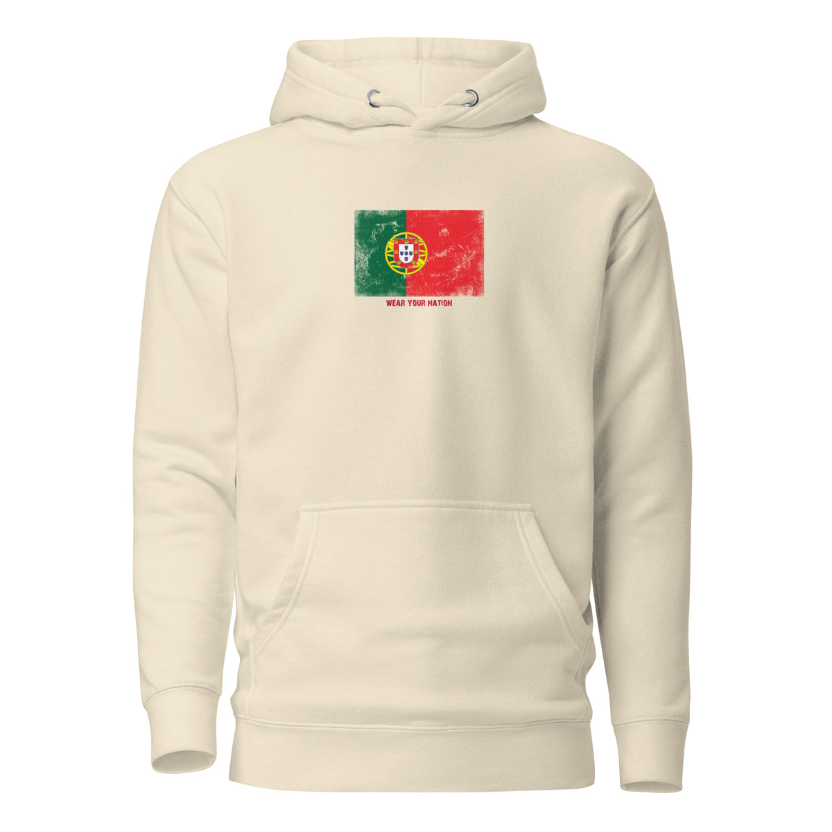 Portugal flag hoodie in Bone, vintage-washed print, flag on the chest, unisex cut, front view