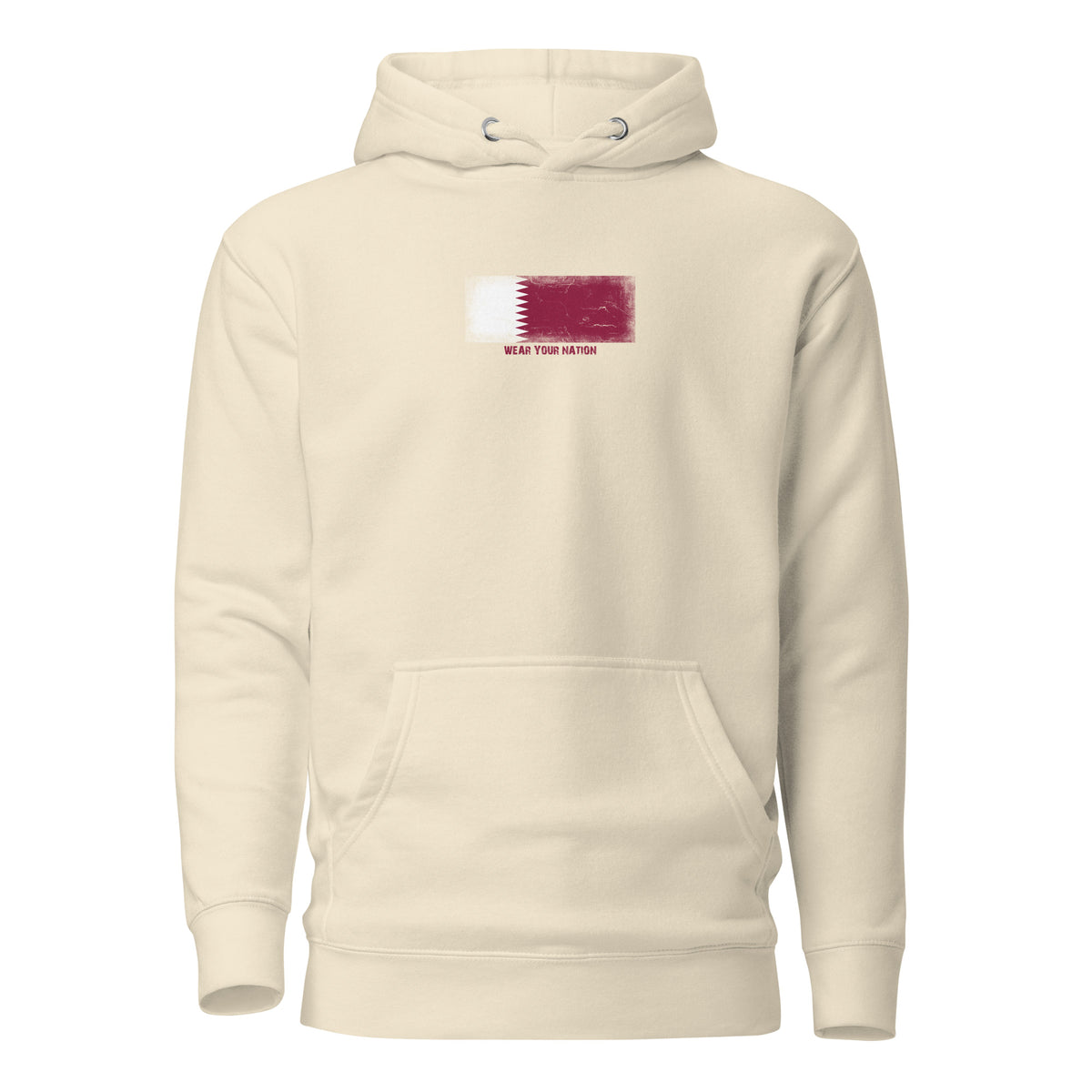 Qatar flag hoodie in Bone, vintage-washed print, flag on the chest, unisex cut, front view