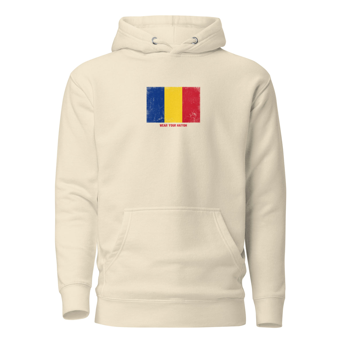 Romania flag hoodie in Bone, vintage-washed print, flag on the chest, unisex cut, front view