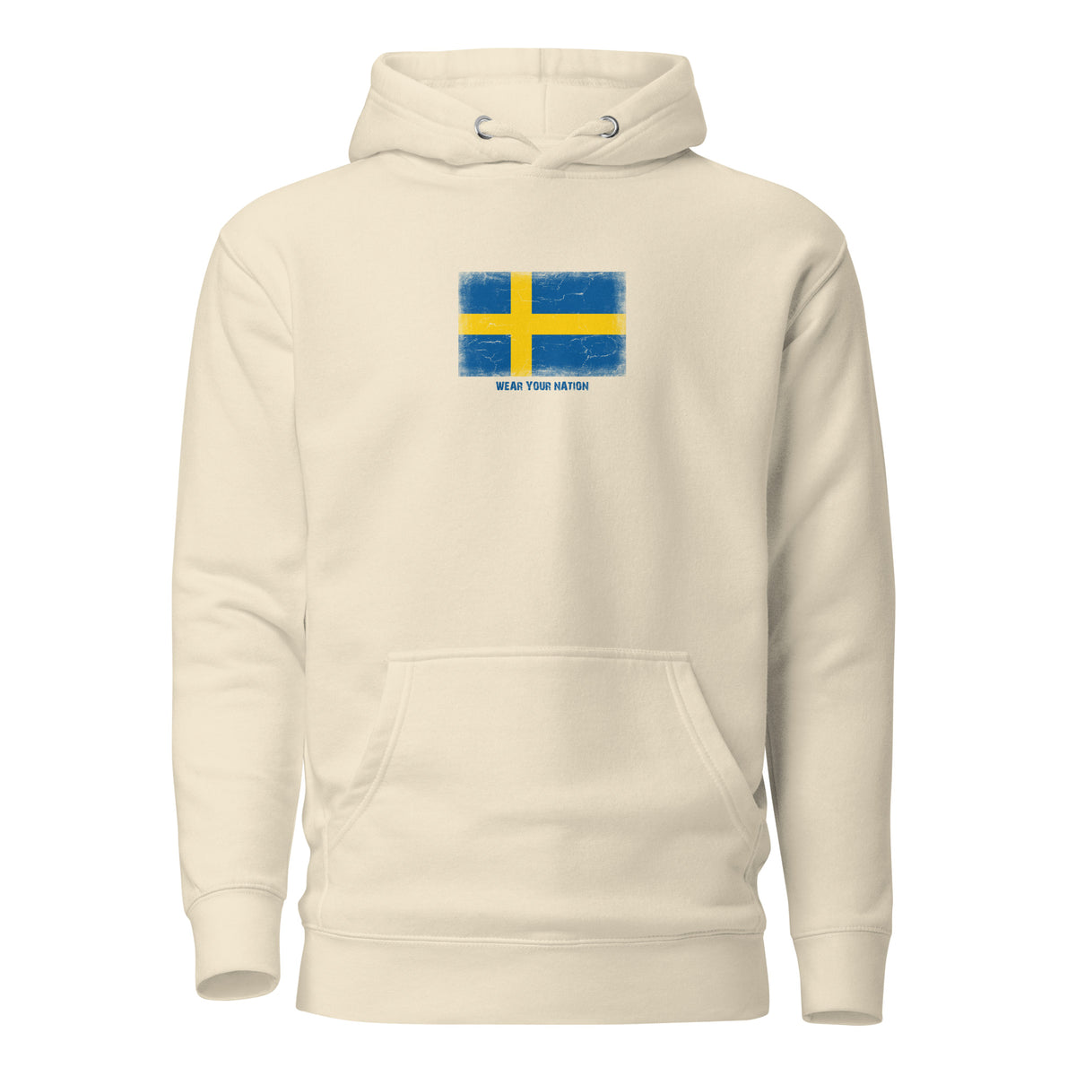 Sweden flag hoodie in Bone, vintage-washed print, flag on the chest, unisex cut, front view