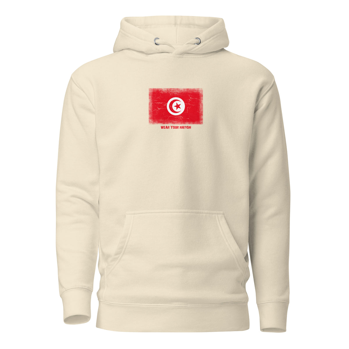 Tunisia flag hoodie in Bone, vintage-washed print, flag on the chest, unisex cut, front view