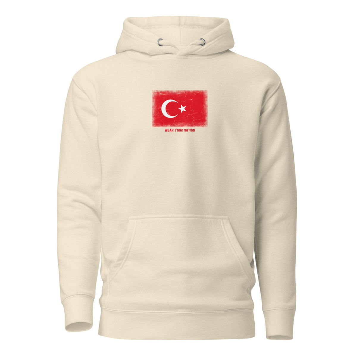 Turkey flag hoodie in Bone, vintage-washed print, flag on the chest, unisex cut, front view