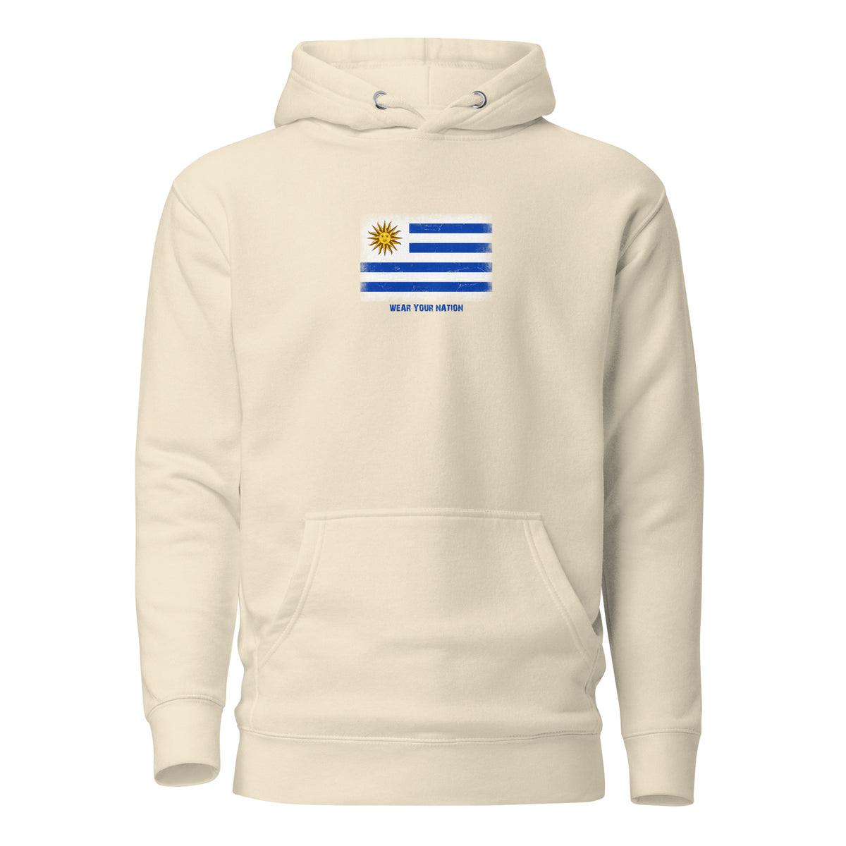 Uruguay flag hoodie in Bone, vintage-washed print, flag on the chest, unisex cut, front view