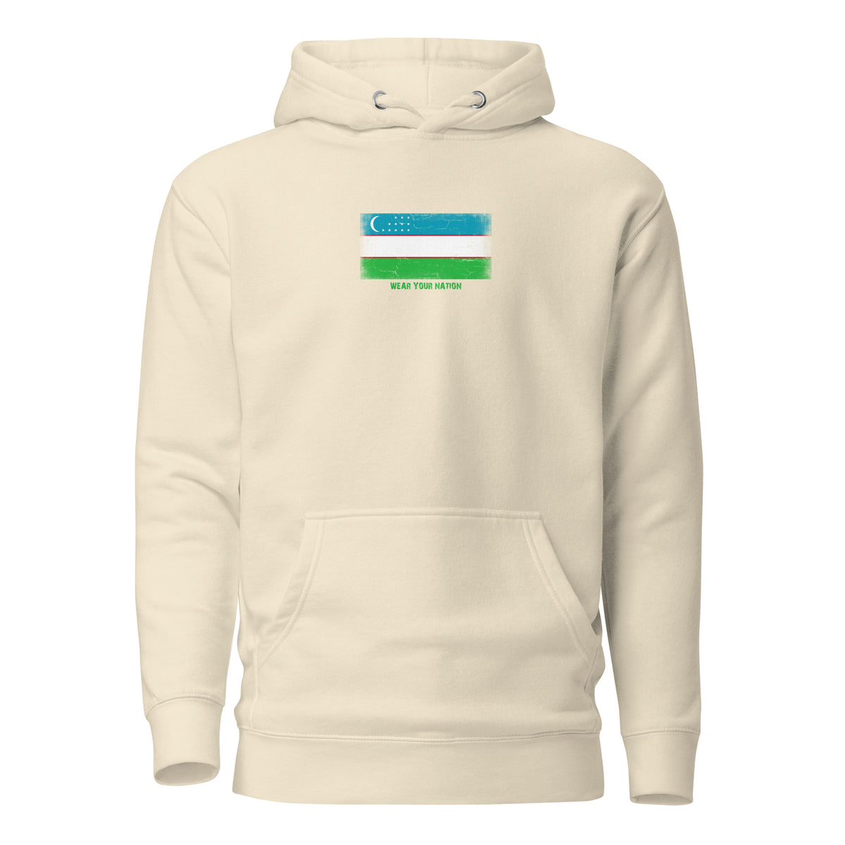 Uzbekistan flag hoodie in Bone, vintage-washed print, flag on the chest, unisex cut, front view