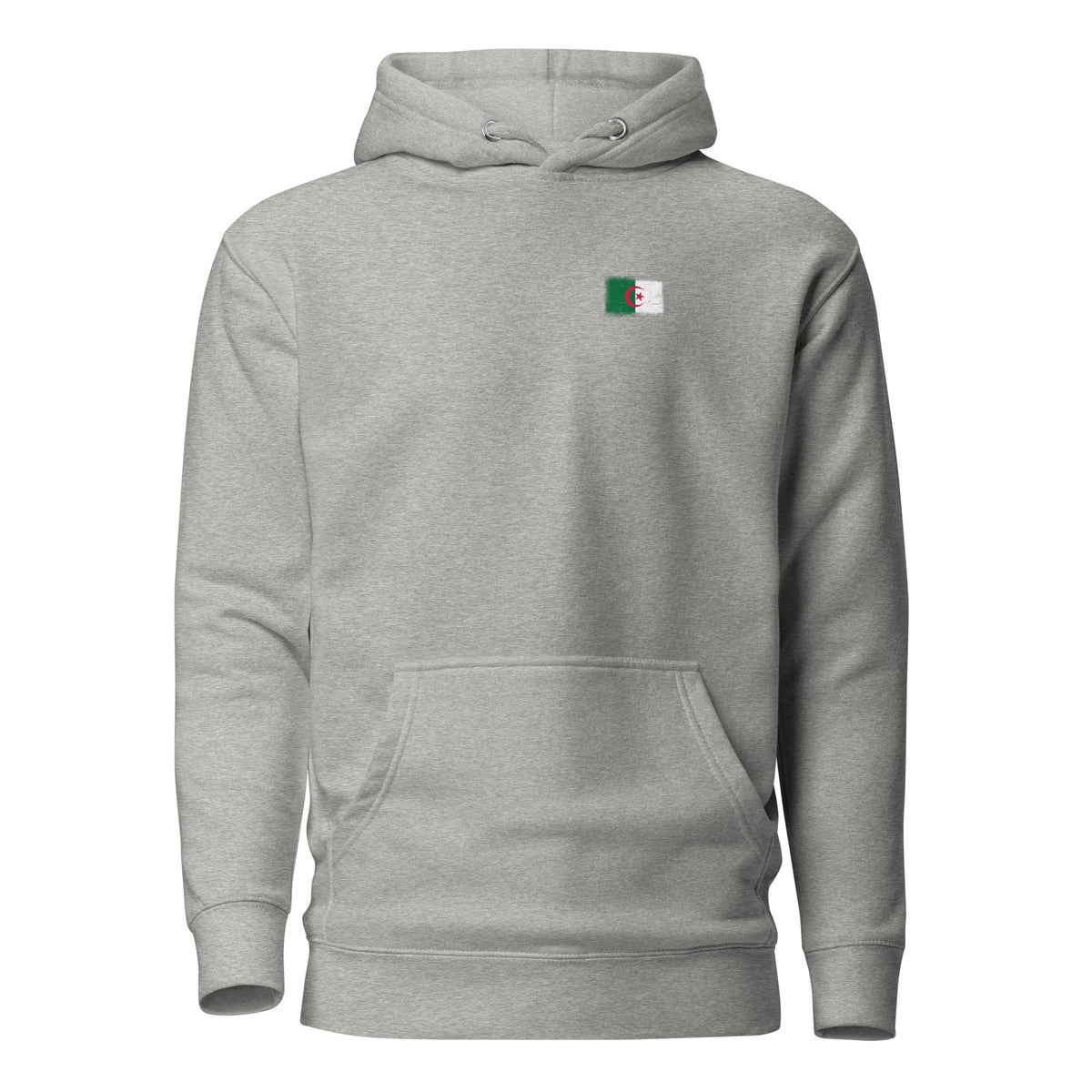 Algeria flag hoodie in Carbon Grey, vintage-washed print, small flag on the left chest, unisex cut, front view
