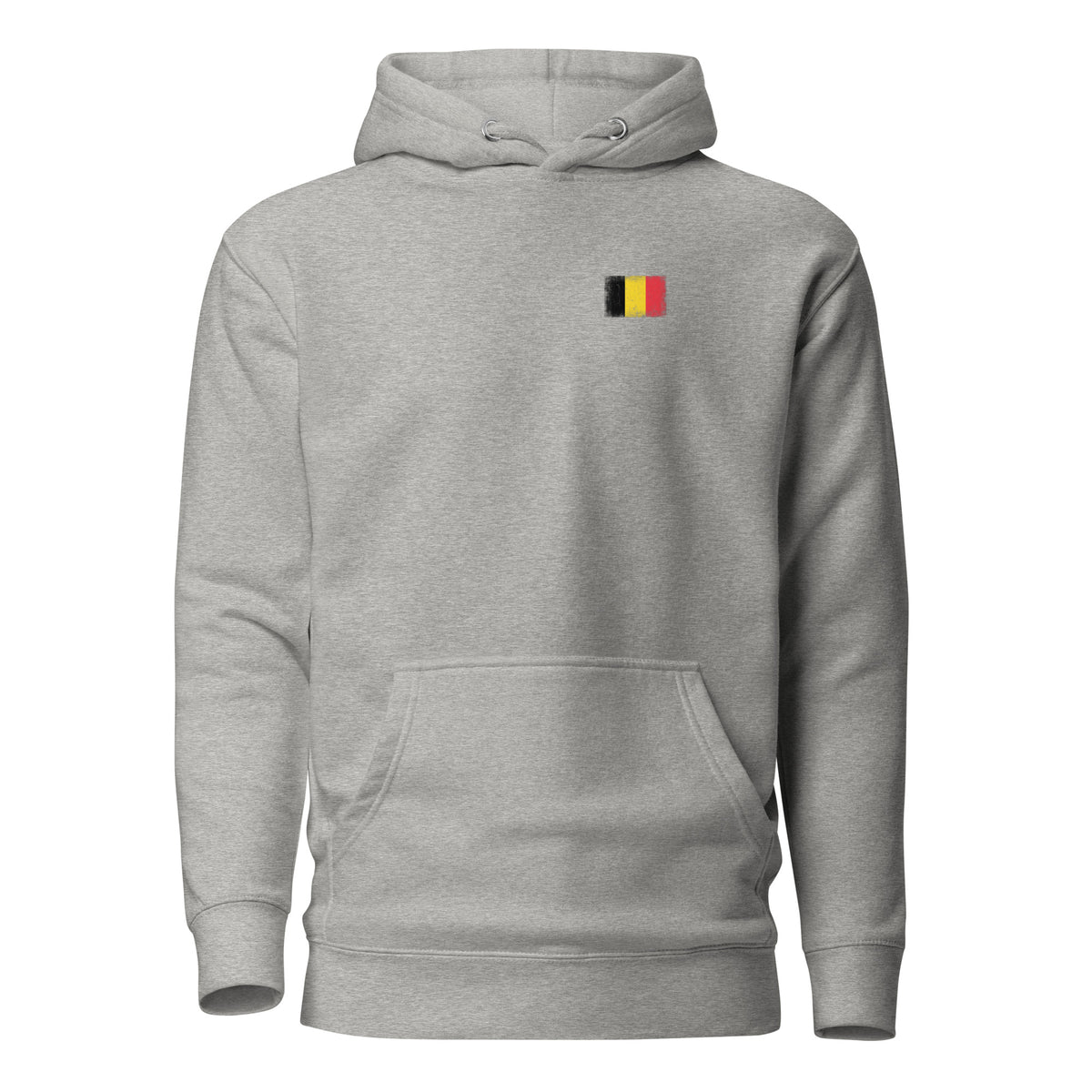 Belgium flag hoodie in Carbon Grey, vintage-washed print, small flag on the left chest, unisex cut, front view