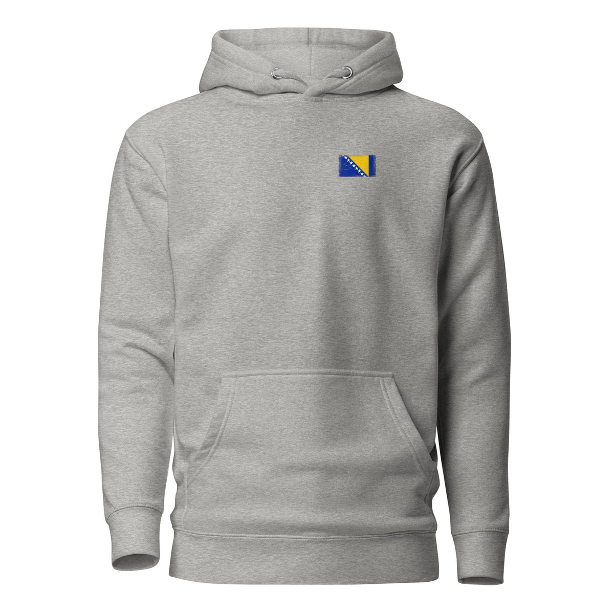 Bosnia and Herzegovina flag hoodie in Carbon Grey, vintage-washed print, small flag on the left chest, unisex cut, front view