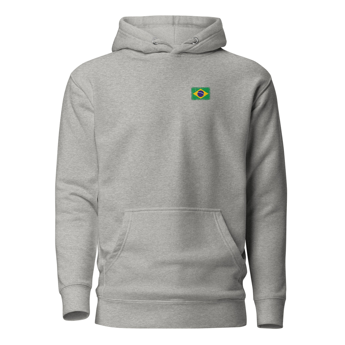 Brasil flag hoodie in Carbon Grey, vintage-washed print, small flag on the left chest, unisex cut, front view