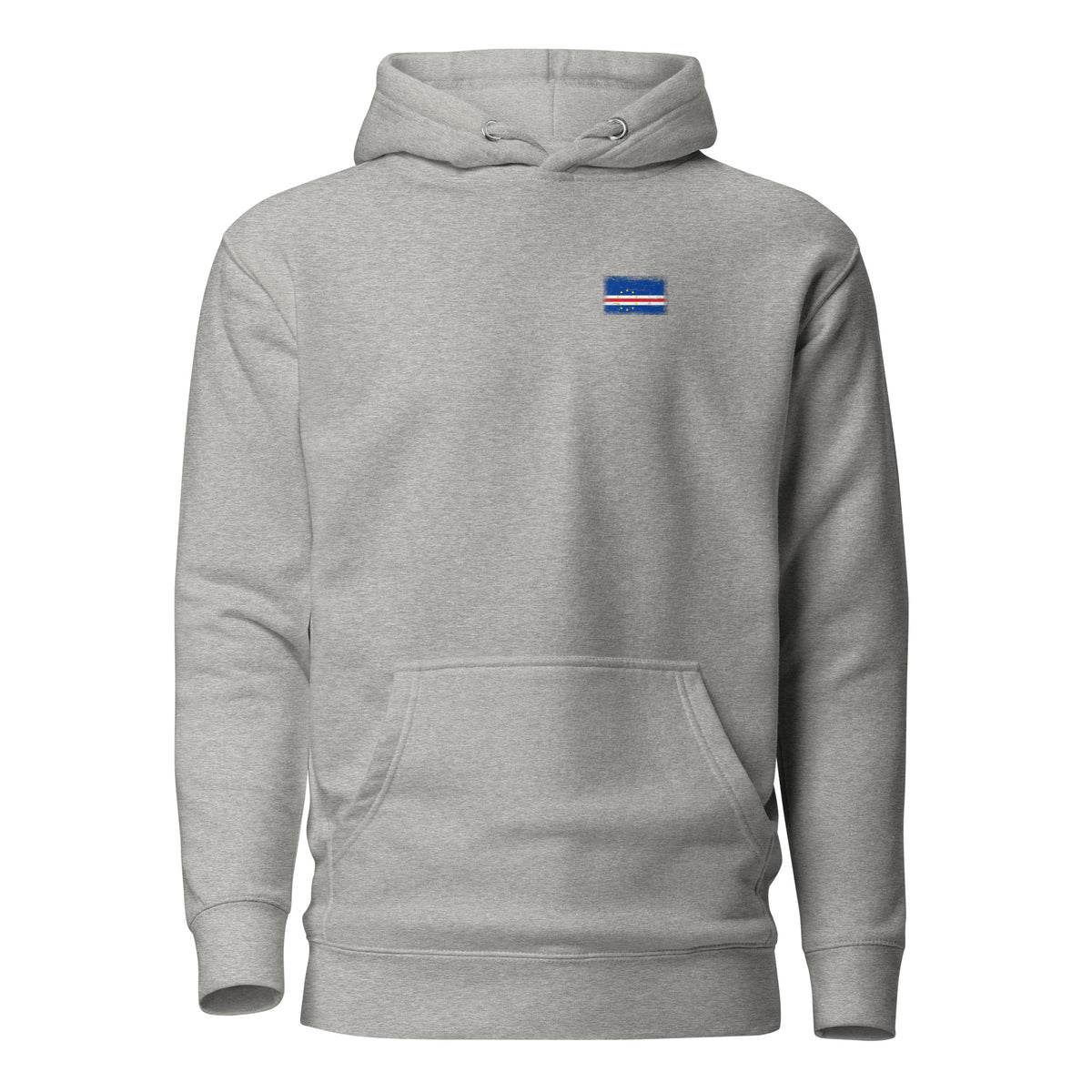 Cape Verde flag hoodie in Carbon Grey, vintage-washed print, small flag on the left chest, unisex cut, front view