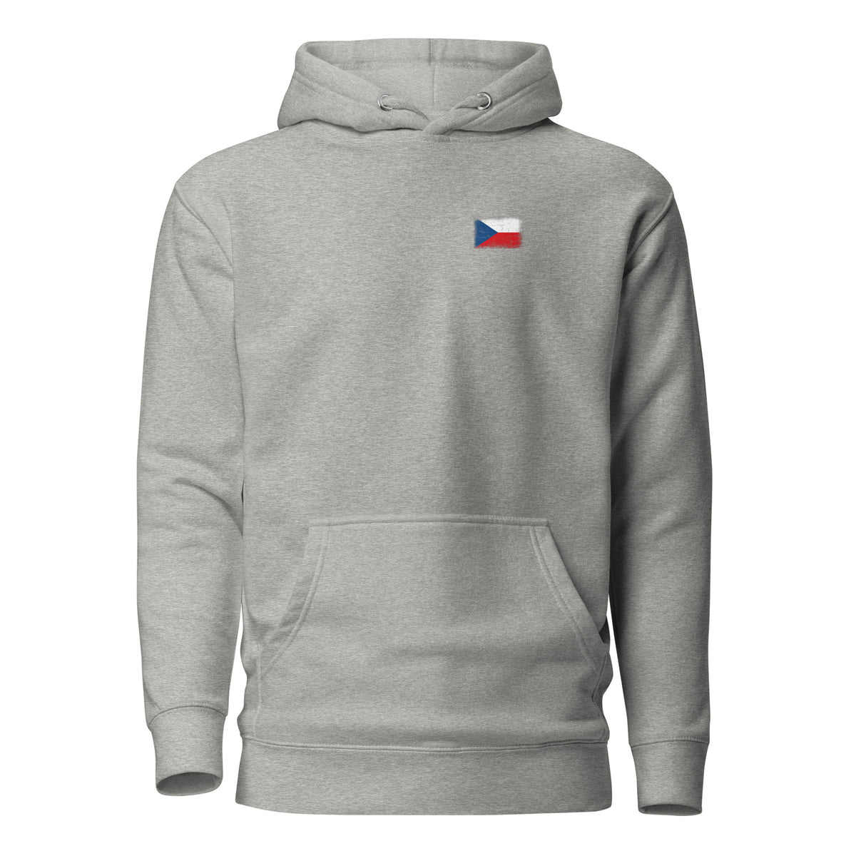 Czechia flag hoodie in Carbon Grey, vintage-washed print, small flag on the left chest, unisex cut, front view