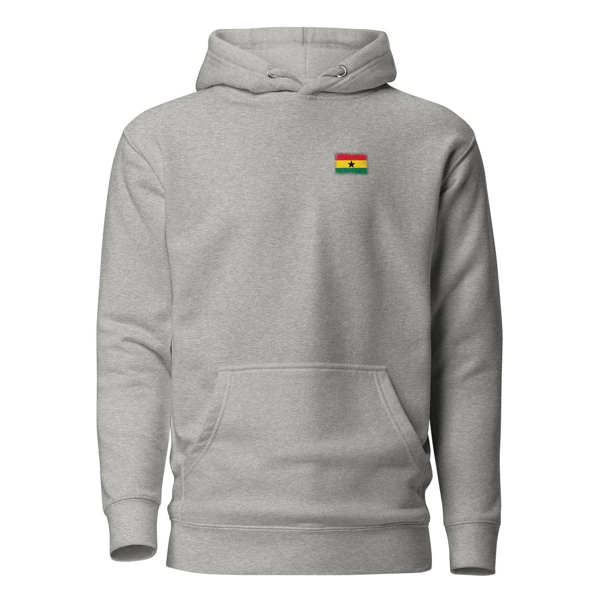 Ghana flag hoodie in Carbon Grey, vintage-washed print, small flag on the left chest, unisex cut, front view