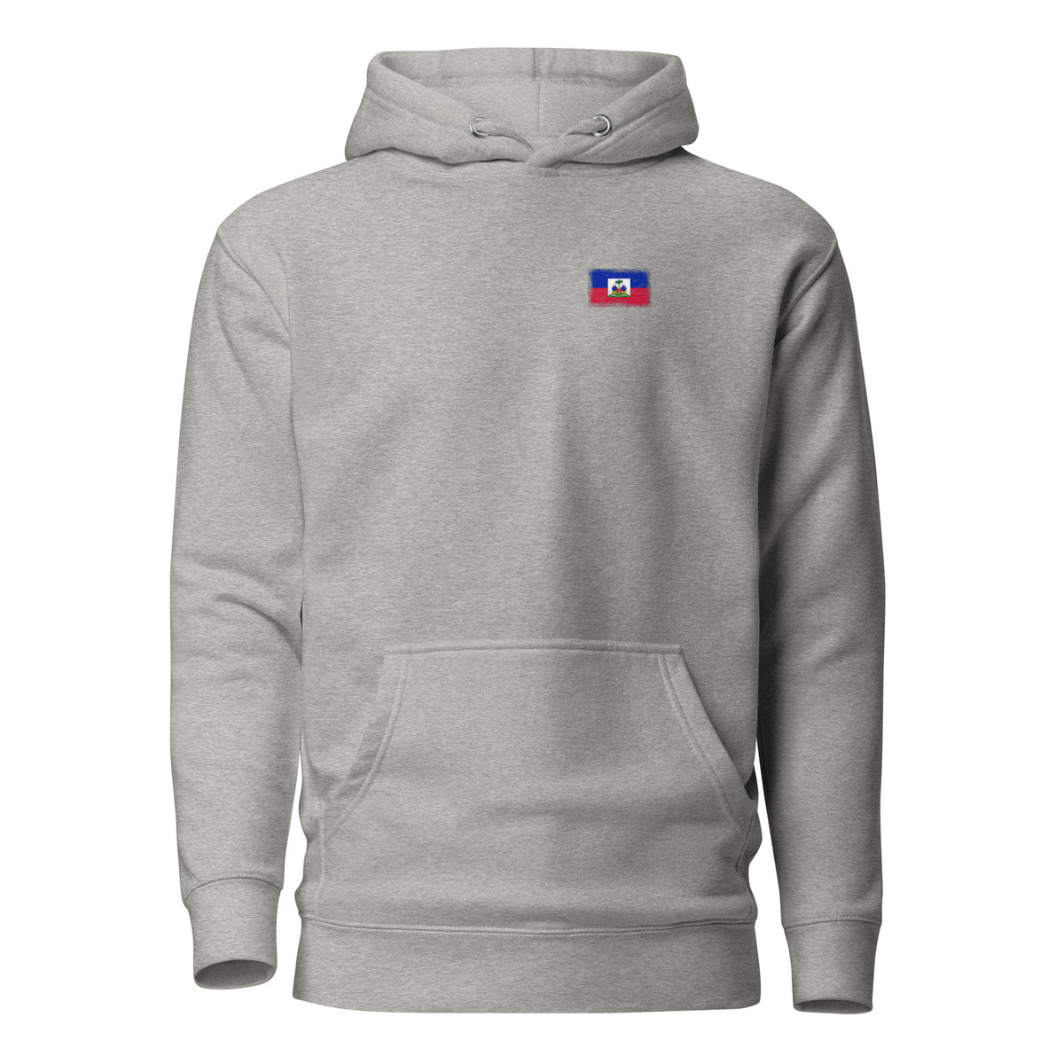 Haiti flag hoodie in Carbon Grey, vintage-washed print, small flag on the left chest, unisex cut, front view