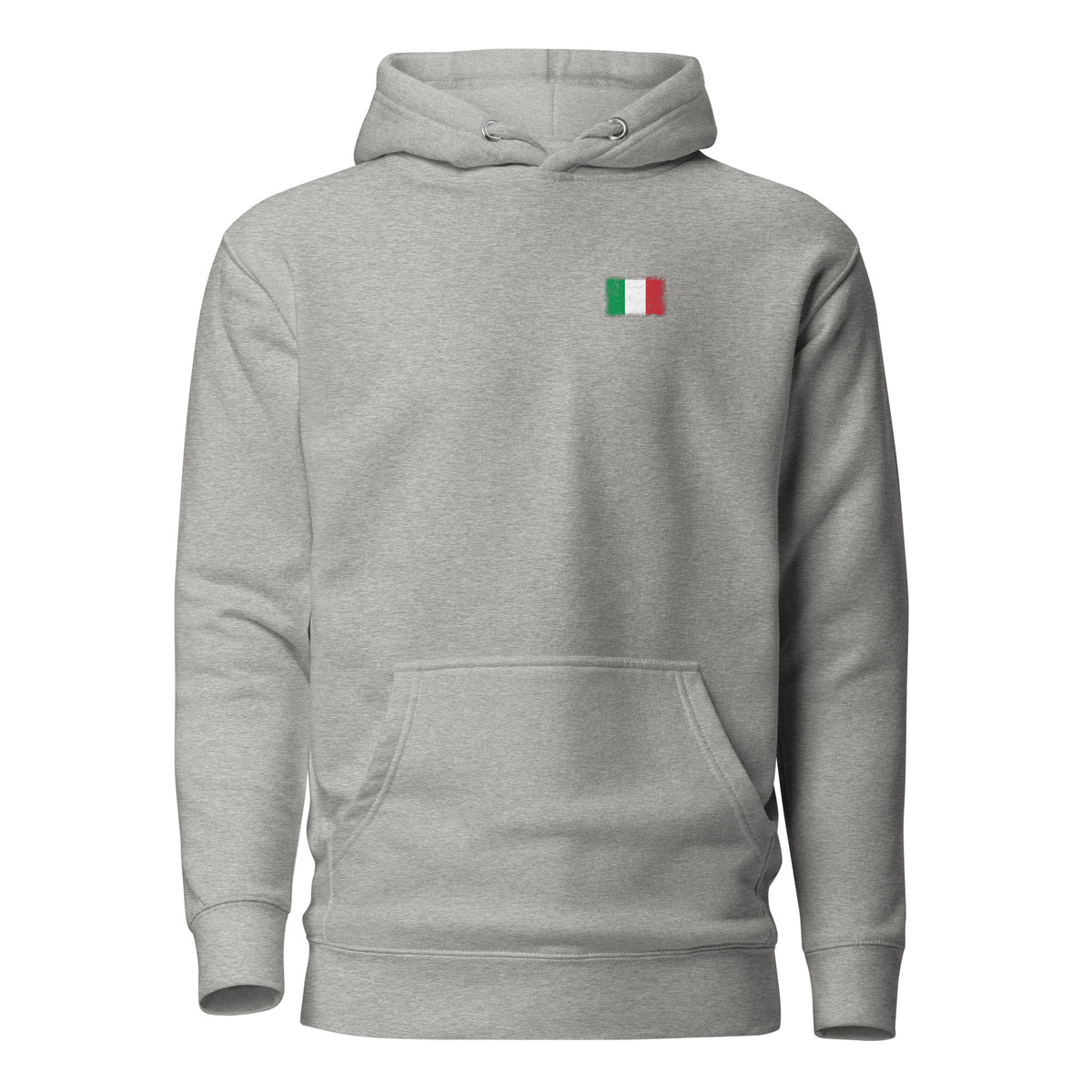 Italy flag hoodie in Carbon Grey, vintage-washed print, small flag on the left chest, unisex cut, front view