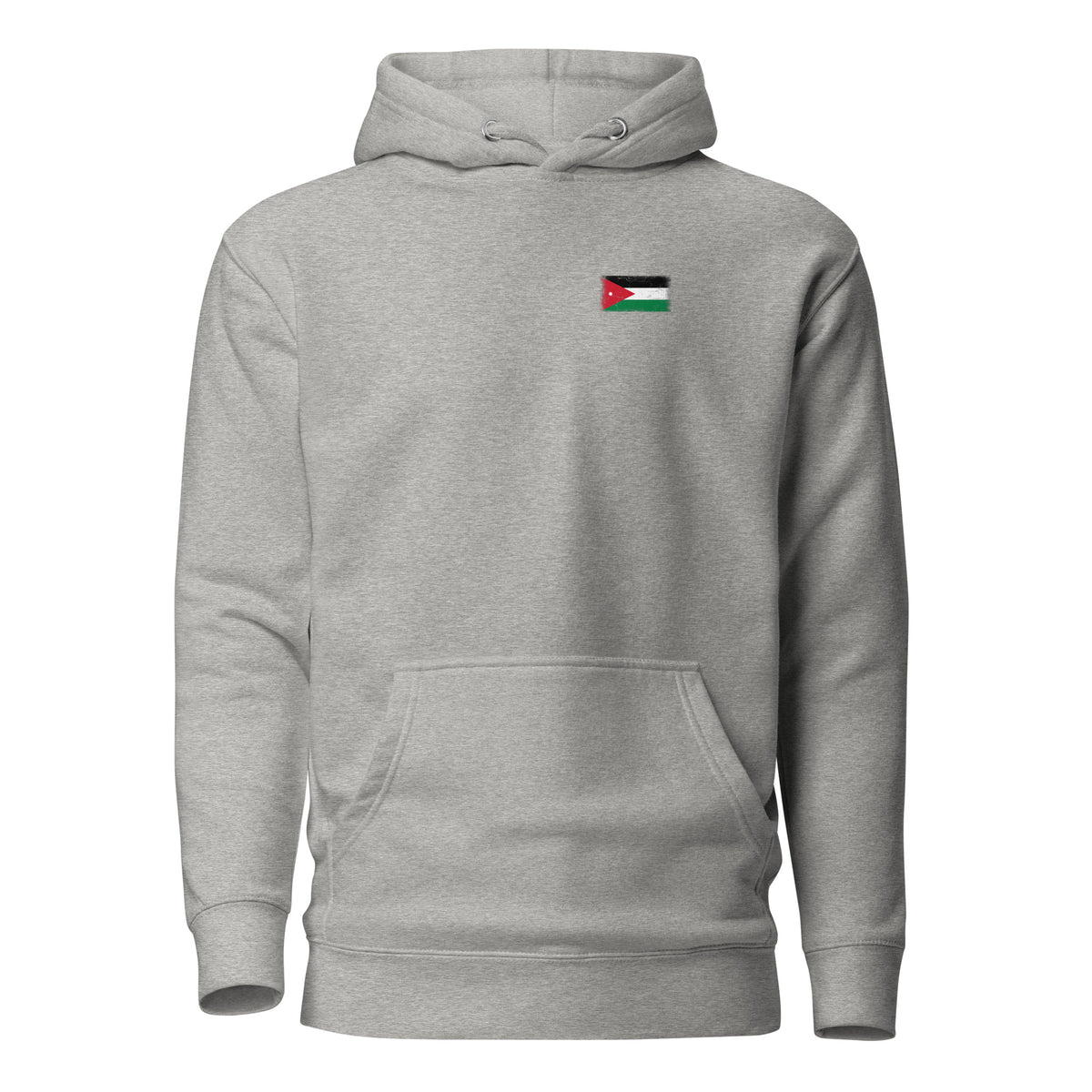 Jordan flag hoodie in Carbon Grey, vintage-washed print, small flag on the left chest, unisex cut, front view