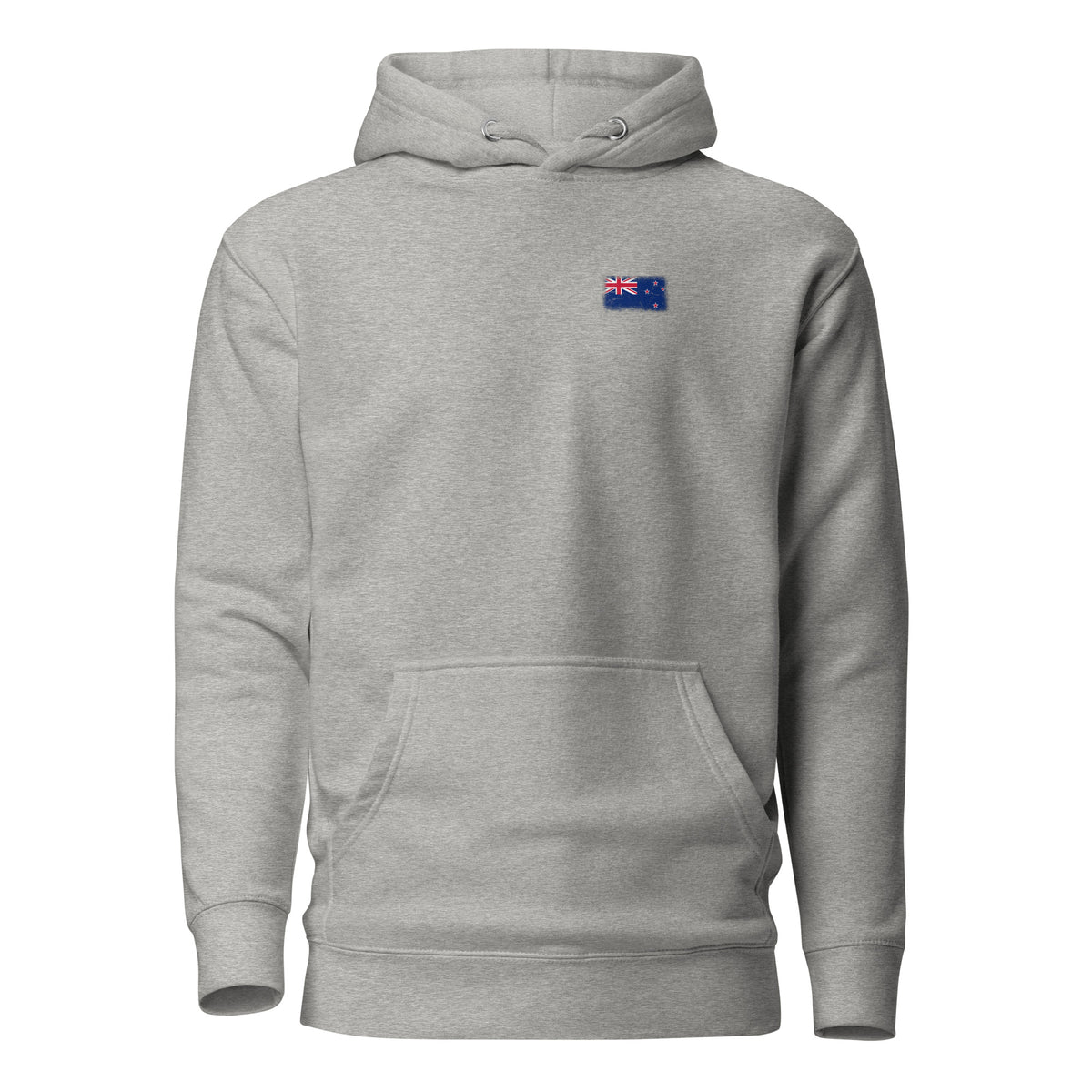 New Zealand flag hoodie in Carbon Grey, vintage-washed print, small flag on the left chest, unisex cut, front view