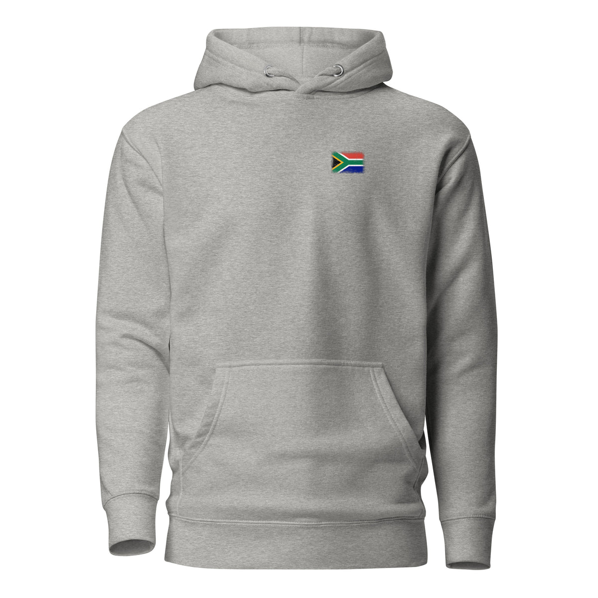 South Africa flag hoodie in Carbon Grey, vintage-washed print, small flag on the left chest, unisex cut, front view