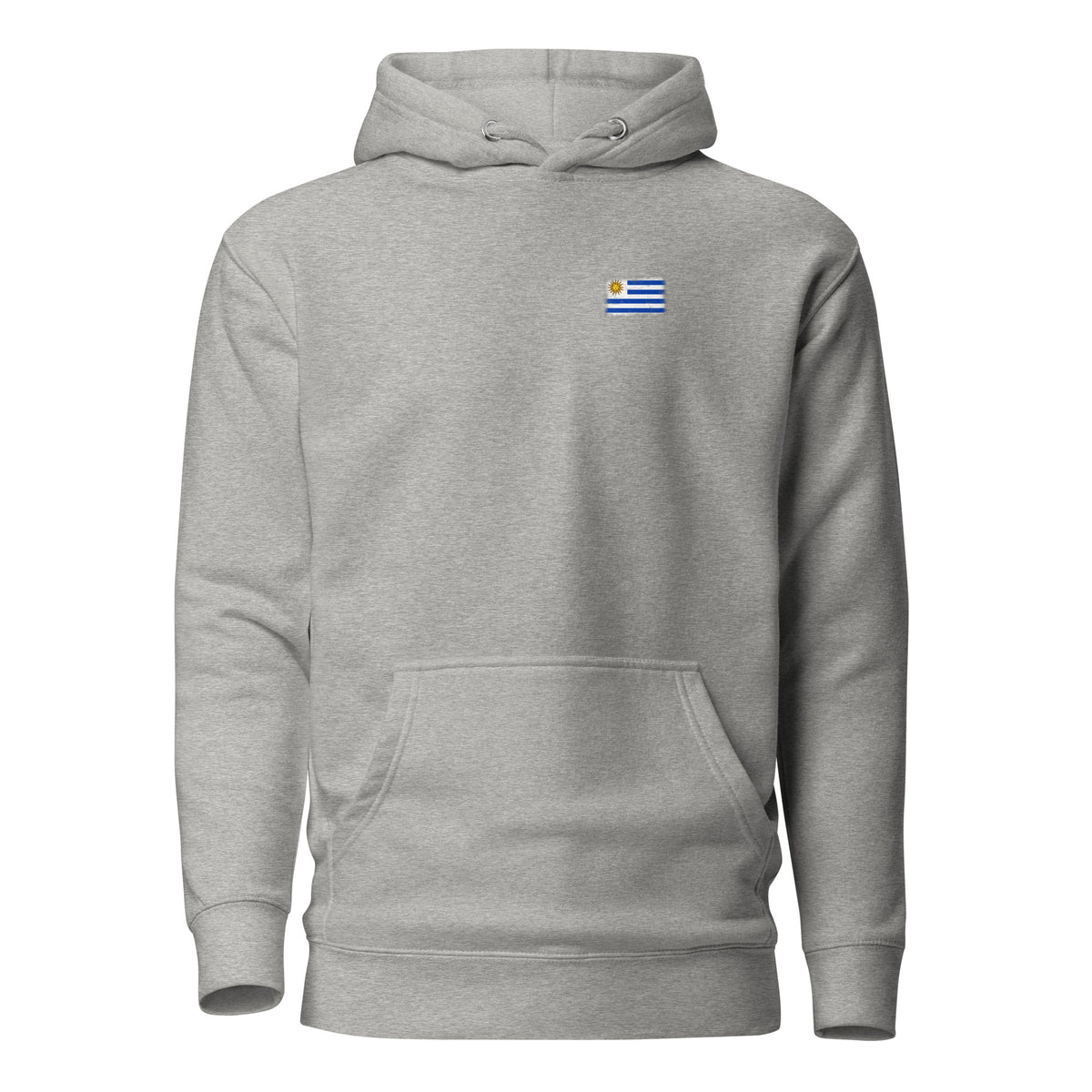 Uruguay flag hoodie in Carbon Grey, vintage-washed print, small flag on the left chest, unisex cut, front view