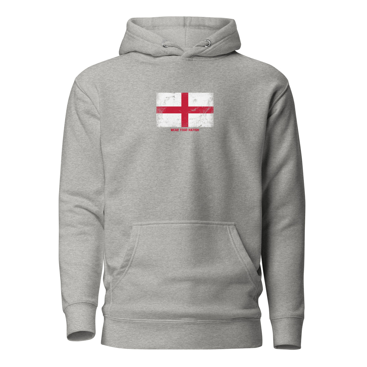 England flag hoodie in Carbon Grey, vintage-washed print, flag on the chest, unisex cut, front view