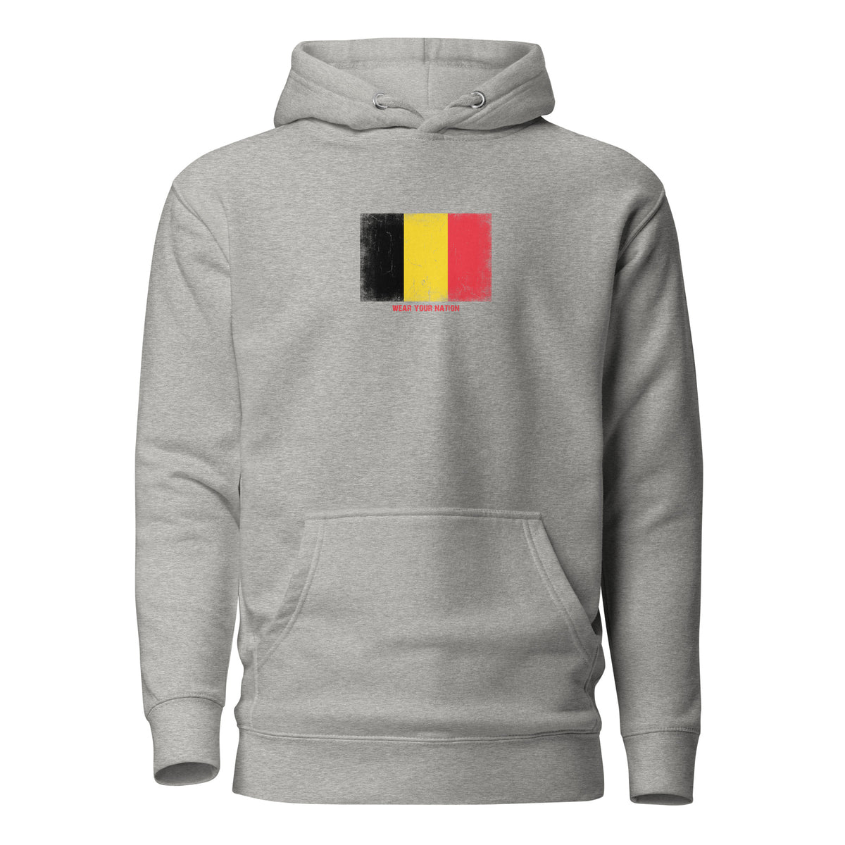 Belgium flag hoodie in Carbon Grey, vintage-washed print, flag on the chest, unisex cut, front view